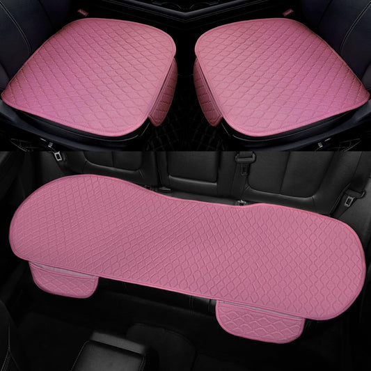 3 PCS Linen Car Seat Covers with Storage Pocket, Back Seat Covers Protectors with Non-Slip, Breathable Bench Seat Covers Universal Fit for SUVs, Cars, Trucks (Pink)
