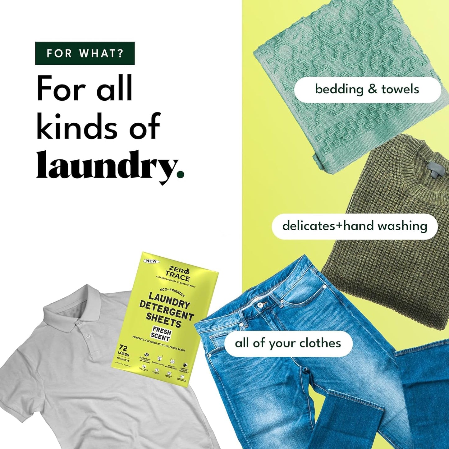 Zero Trace All Natural Laundry Detergent Sheets - Powerful Eco-Friendly Travel Detergent Sheets with Fresh Scent (144 Loads)