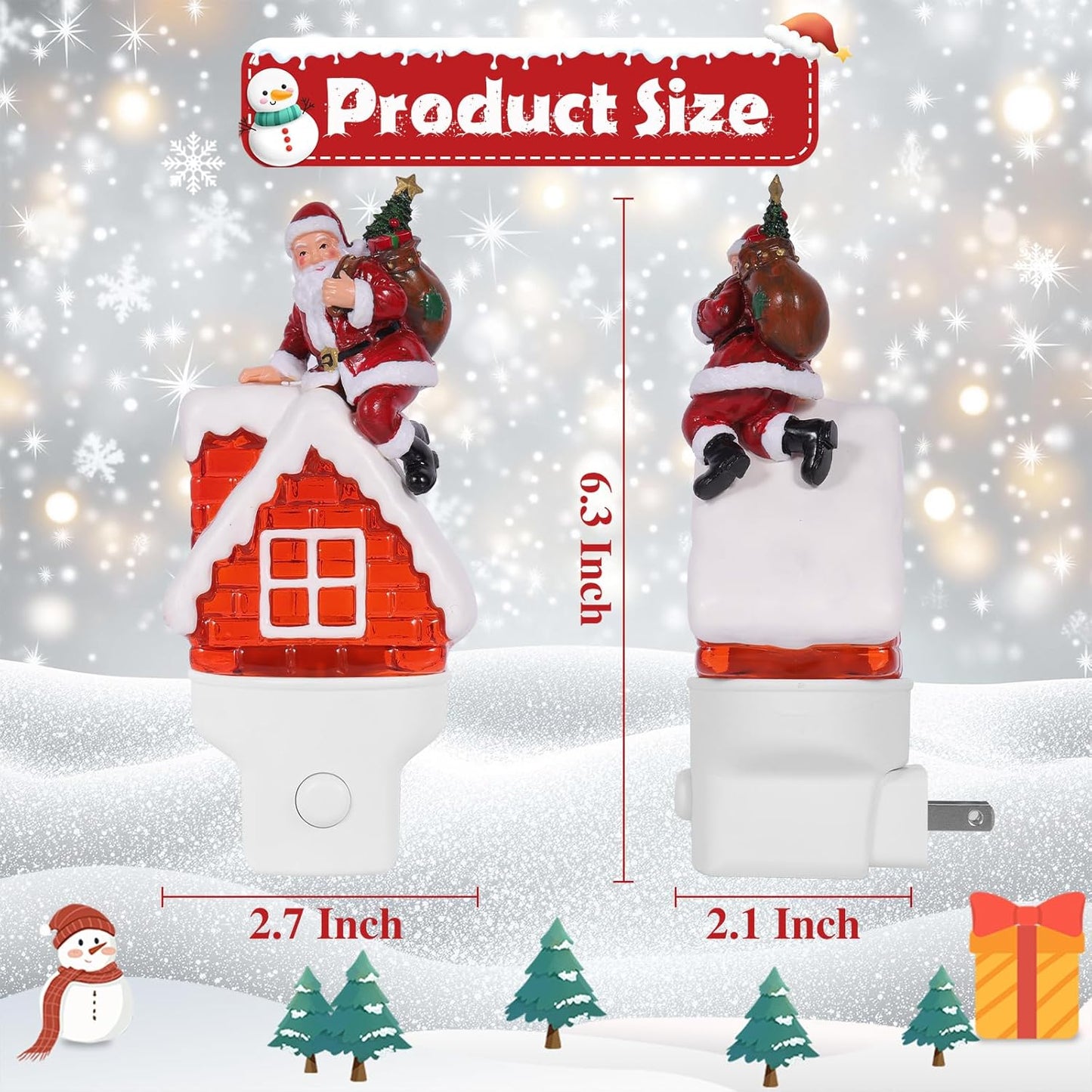 2 Pack Christmas Santa Night Light Plug into Wall Glitter Water Nightlight with USB/Outlet Options, Christmas Decorative Nightlight for Bedroom Kitchen Hallway Holiday Decorations Gifts (Santa)