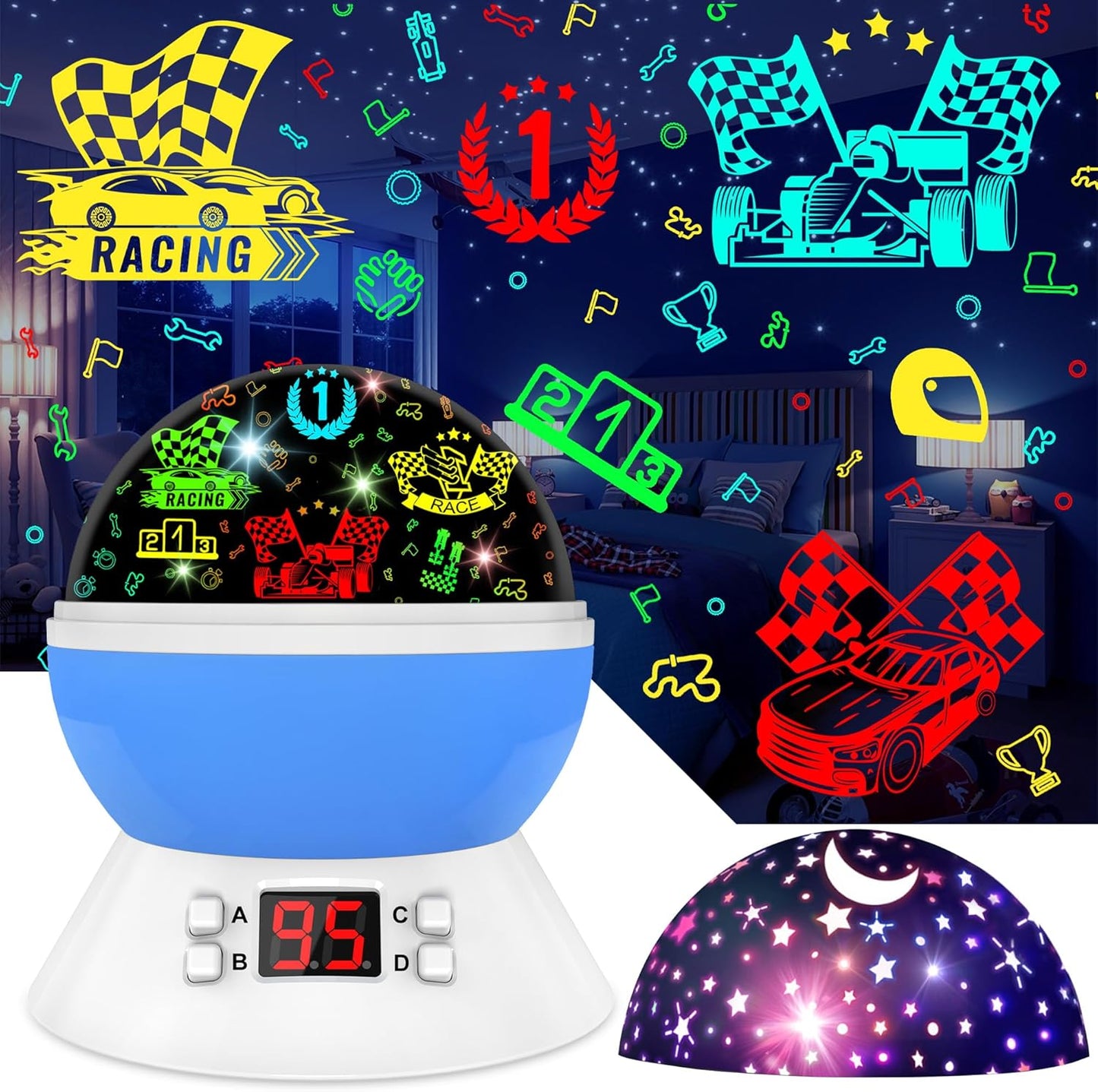 Cars Night Light for Boys - Rotating Projector Lamp with Race Car - Star Projector for Kids Age 3-8 - Ceiling Nightlight Projector with Cars and Stars - Birthday Gifts for Boys Room Decor