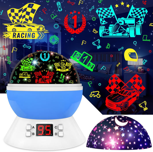 Cars Night Light for Boys - Rotating Projector Lamp with Race Car - Star Projector for Kids Age 3-8 - Ceiling Nightlight Projector with Cars and Stars - Birthday Gifts for Boys Room Decor