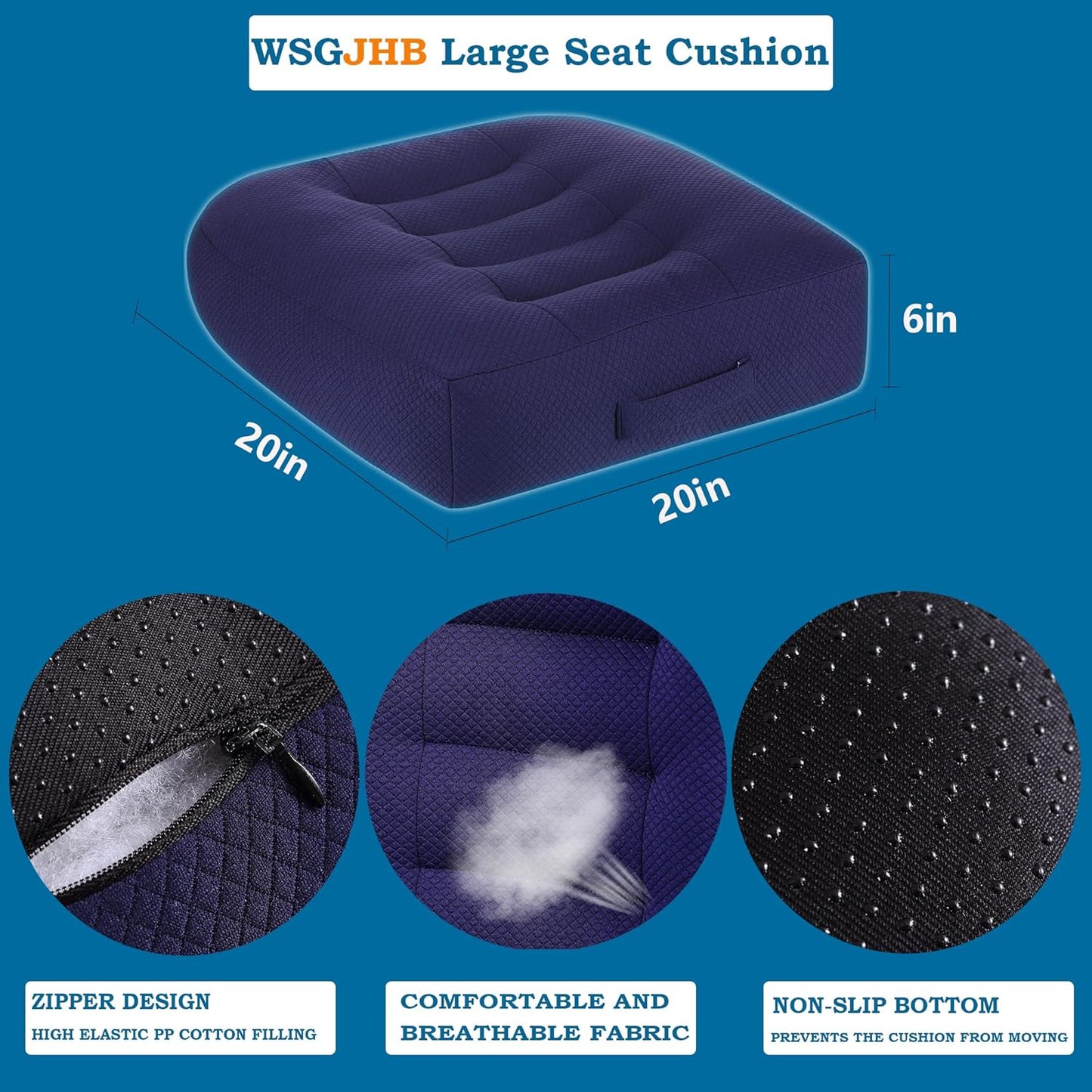 WSGJHB Large Seat Cushion, Extra Thick Booster Seat Cushions for Office Chairs Long Sitting Office Workers, Car Drivers, Relieves Back Pain, Breathable, Anti-Slip, 20x20x6 inchs, Blue