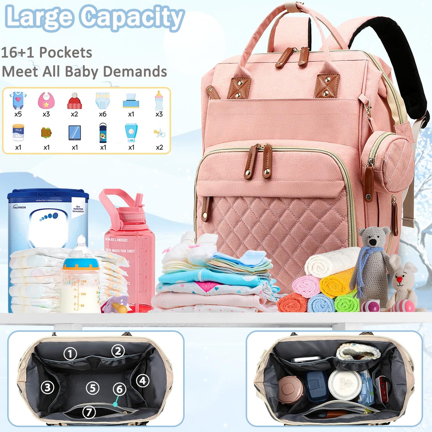Diaper Bag Backpack Baby Bag, Baby Girl Boy Diaper Bag for Dad Mom with Pad,16 Pockets, Pacifier Case, Large Diaper Bags Unisex for Travel (Orange Pink)