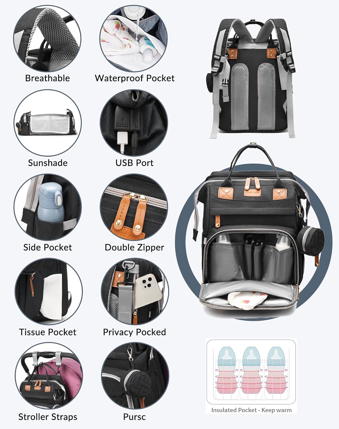 Baby Diaper Bags with Changing Station, Waterproof Diaper Bag Backpack for Moms Dads with USB Charging Port, Baby Shower Gifts, Large Capacity diaper backpack, Black