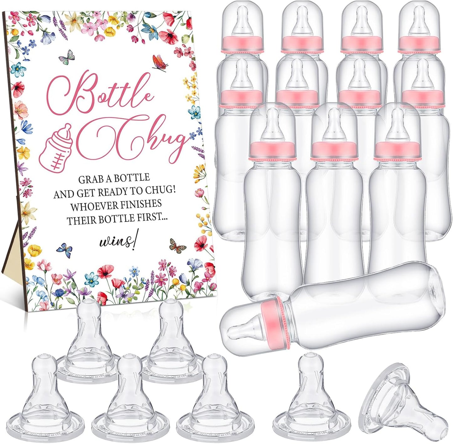 TrelaCo Wildflower Cool Baby Shower Games Wooden Bottle Chug Sign Wildflower in Bloom Gift Sets and 12 Pcs Baby Bottle Shower Favor for Wildflower Games Gender Reveal