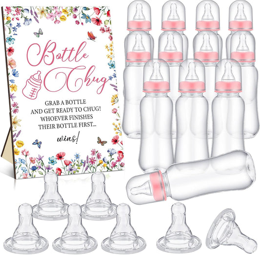 TrelaCo Wildflower Cool Baby Shower Games Wooden Bottle Chug Sign Wildflower in Bloom Gift Sets and 12 Pcs Baby Bottle Shower Favor for Wildflower Games Gender Reveal