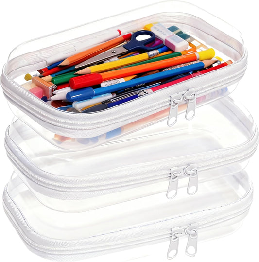 3PCS Clear Hard Plastic Zipper Case, Double Zippers Hard Pouch, Portable Travel Organizer Bin Clear Makeup Bag for Toy Storage, Snack Bag, Cosmetics, Pencil Case, Diaper Bag, Toiletry Bag