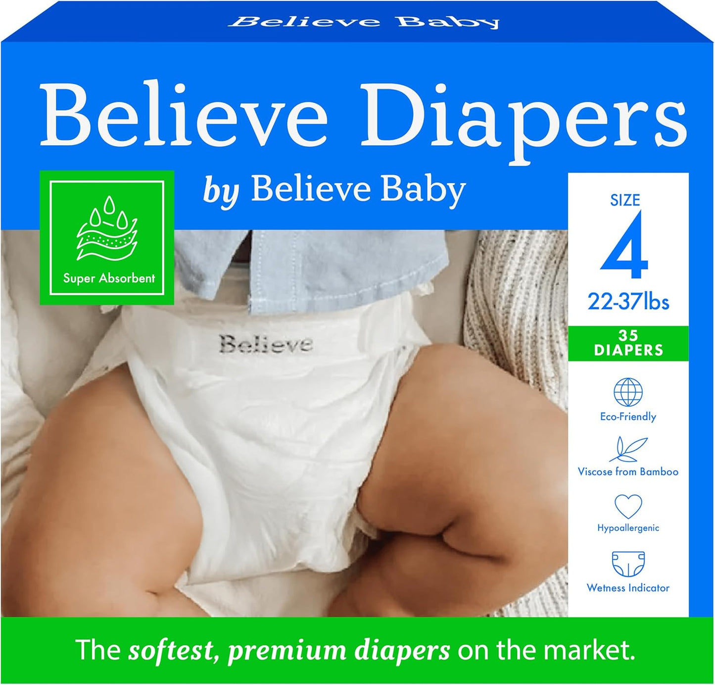 Believe Diapers Size 4 (22-37 Lbs) Viscose Bamboo Diapers 35 Count – Natural Baby Diaper, Chemical Free and Fragrance Free Natural Diaper for Sensitive Skin, Super Absorbent with Leak Protection