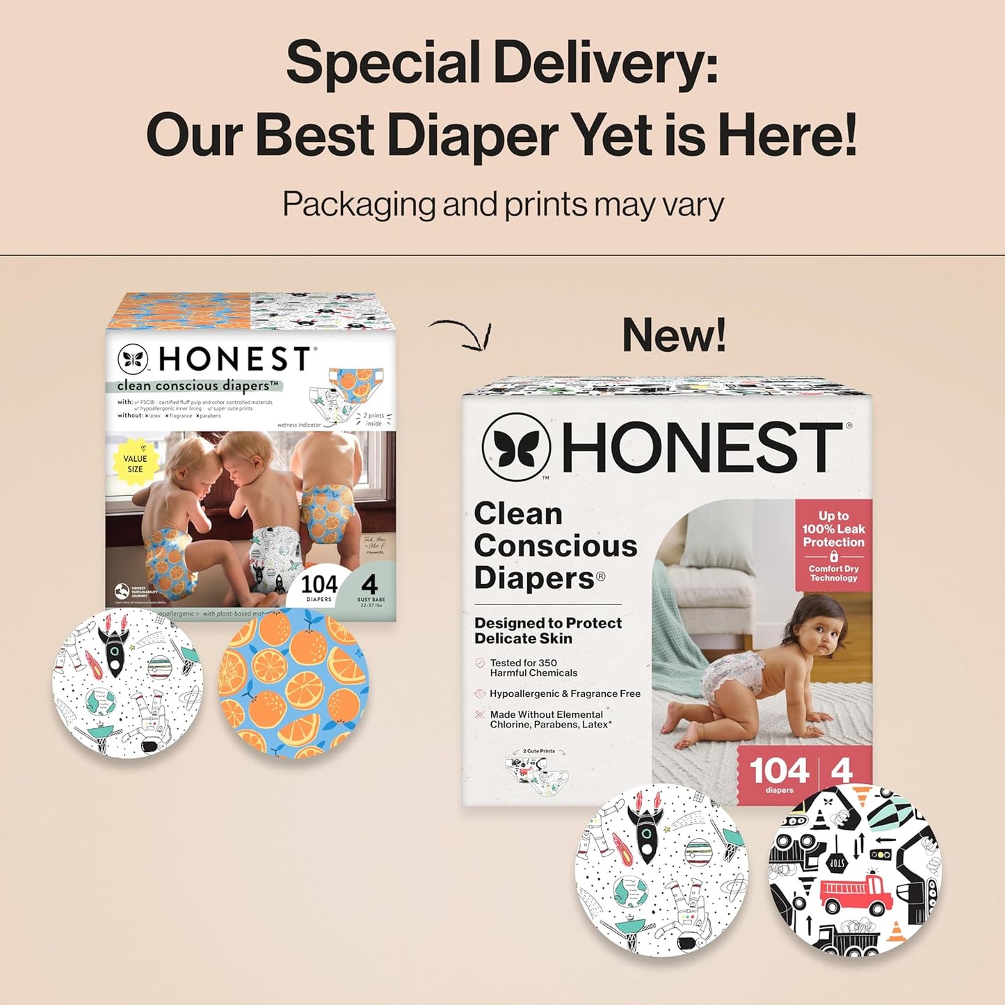 The Honest Company Clean Conscious Diapers for Delicate Skin, Up to 100% Leakproof Hypoallergenic Fragrance-Free Baby Diapers, Gender Neutral Prints, Super Club Box, Size 4 (22–37 lbs), 104 Count
