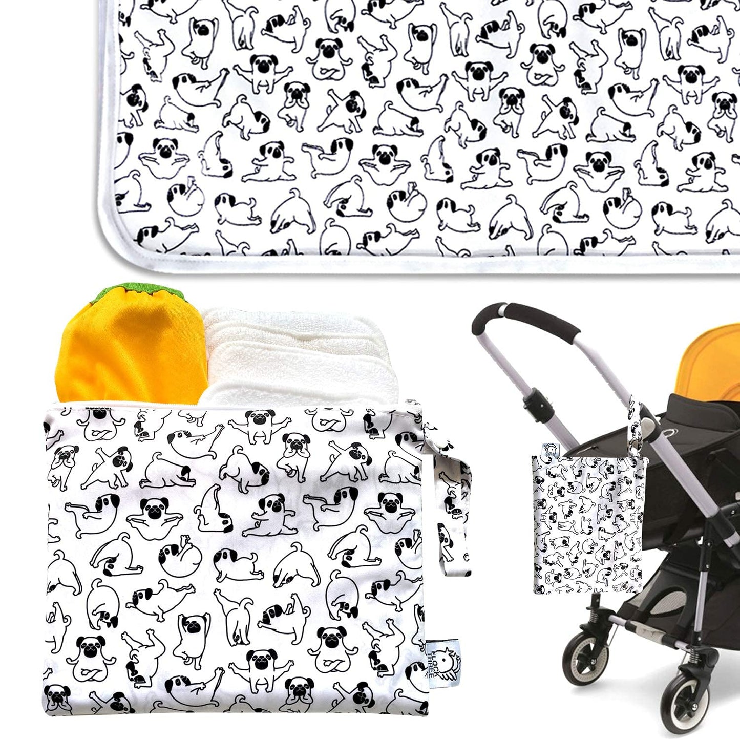 Flockthree Waterproof Baby Diaper Changing Pad with Storage Bag (28.7" X 19.7") Washable Wipeable Reusable Leak Proof Diaper Travel Mat Station Changing Mattress Liner Cribs Bed Cover, Dogs