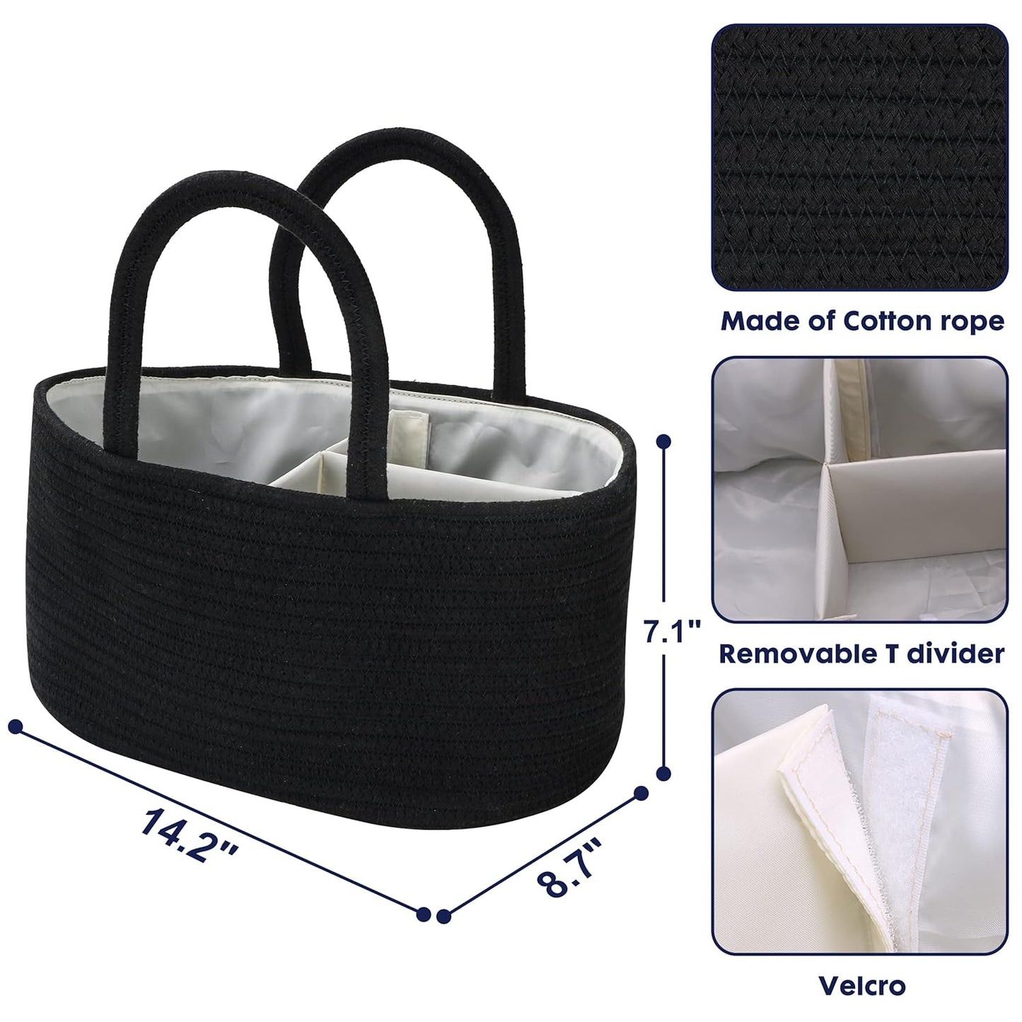 Baby Diaper Caddy Organizer for Girl Boy Cotton Rope Nursery Storage Bin Basket Portable Holder Tote Bag for Changing Table Car Travel Baby Shower Gifts Newborn Essentials Registry Must Haves Black
