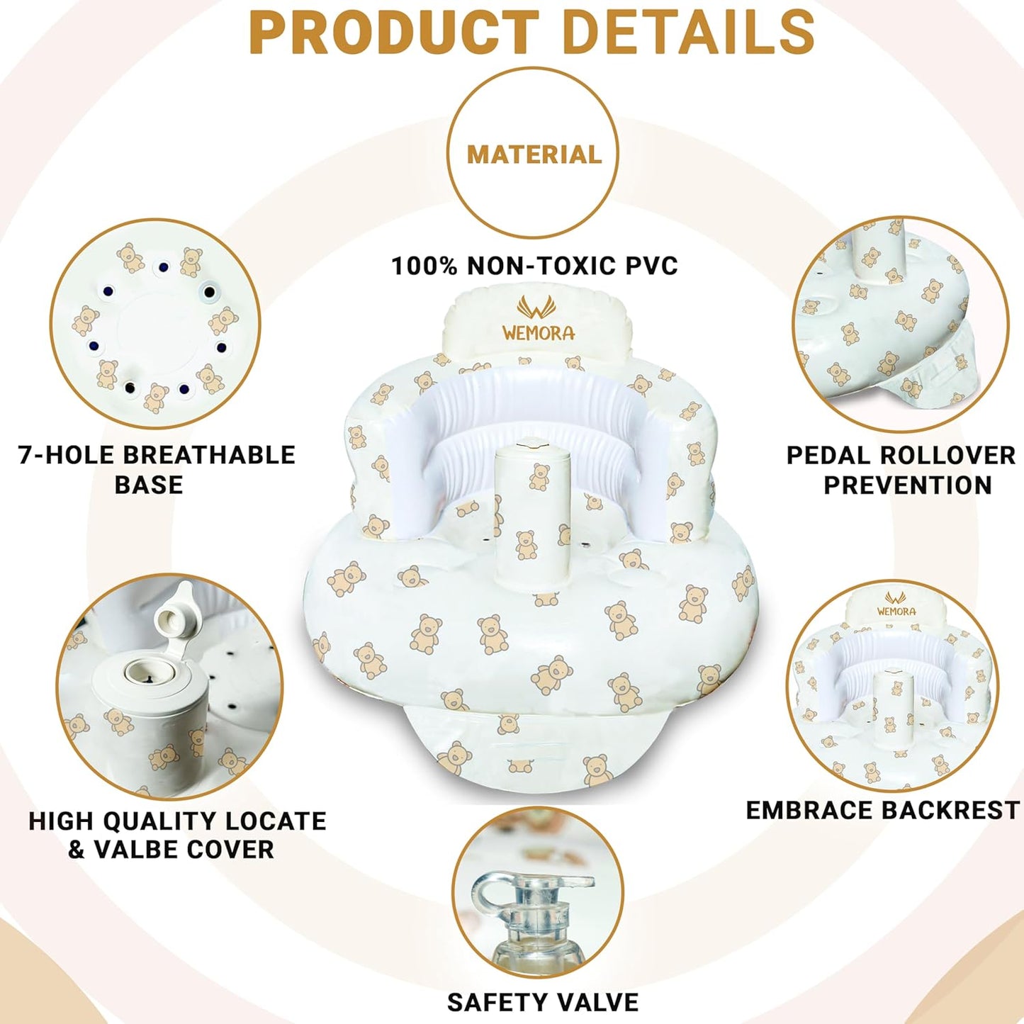 Inflatable Baby Seat for Babies 3-36 Months Blow Up Chair for Babies Infants Toddler Floor Sitting Up with Built in Air Pump (White, Bear.)