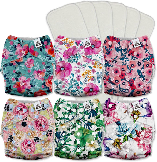 Mama Koala 3.0 Pocket Cloth Diapers for Babies with AWJ Lining, 6 Pack with 6 5-Layer Natural Cloth Diaper Inserts - Reusable and Washable Pocket Diapers(A-Bloomin' Lovely)