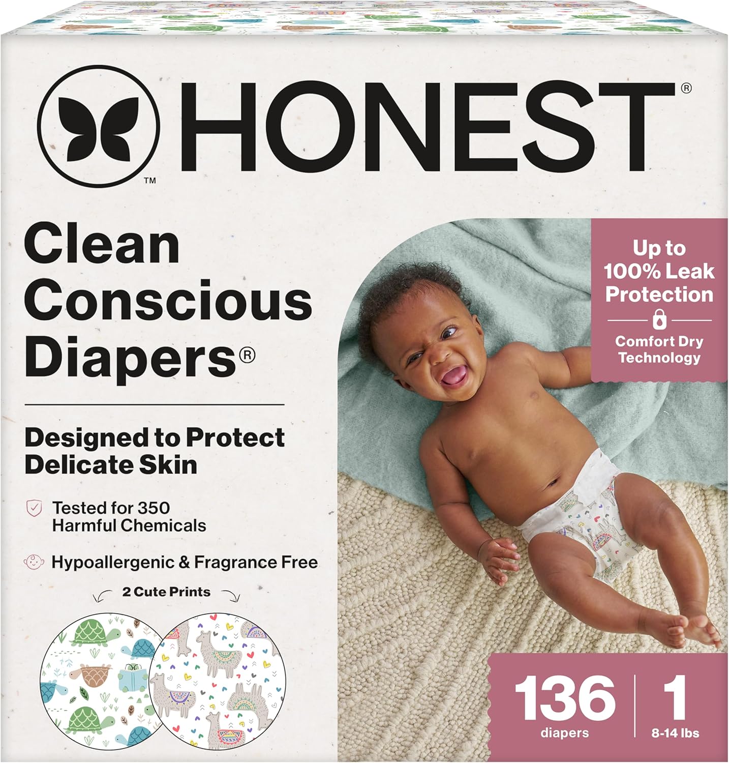 The Honest Company Clean Conscious Diapers for Sensitive Skin, Up to 100% Leakproof Hypoallergenic Fragrance-Free Baby Diapers, Gender Neutral Prints, Super Club Box, Size 1 (8–14 lbs), 136 Count