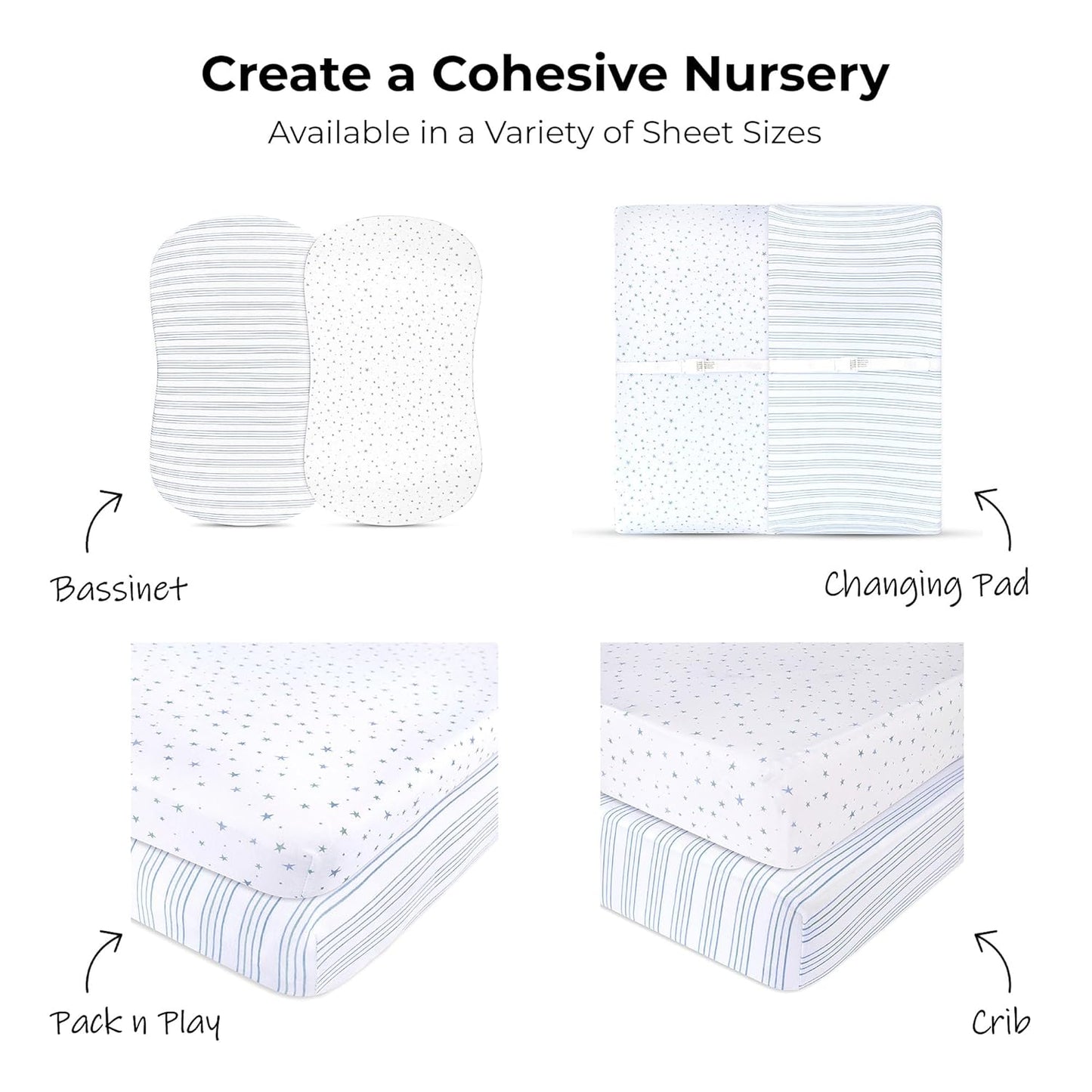 Ely’s & Co. Pack and Play Sheets, for Mini/Portable Crib, 2 Pack Fitted Playpen Play Yard Sheet Set Compatible with Graco Pack n Play, for Baby Boys, 100% Cotton, Blue Stars and Stripes, 38”x24”x5”