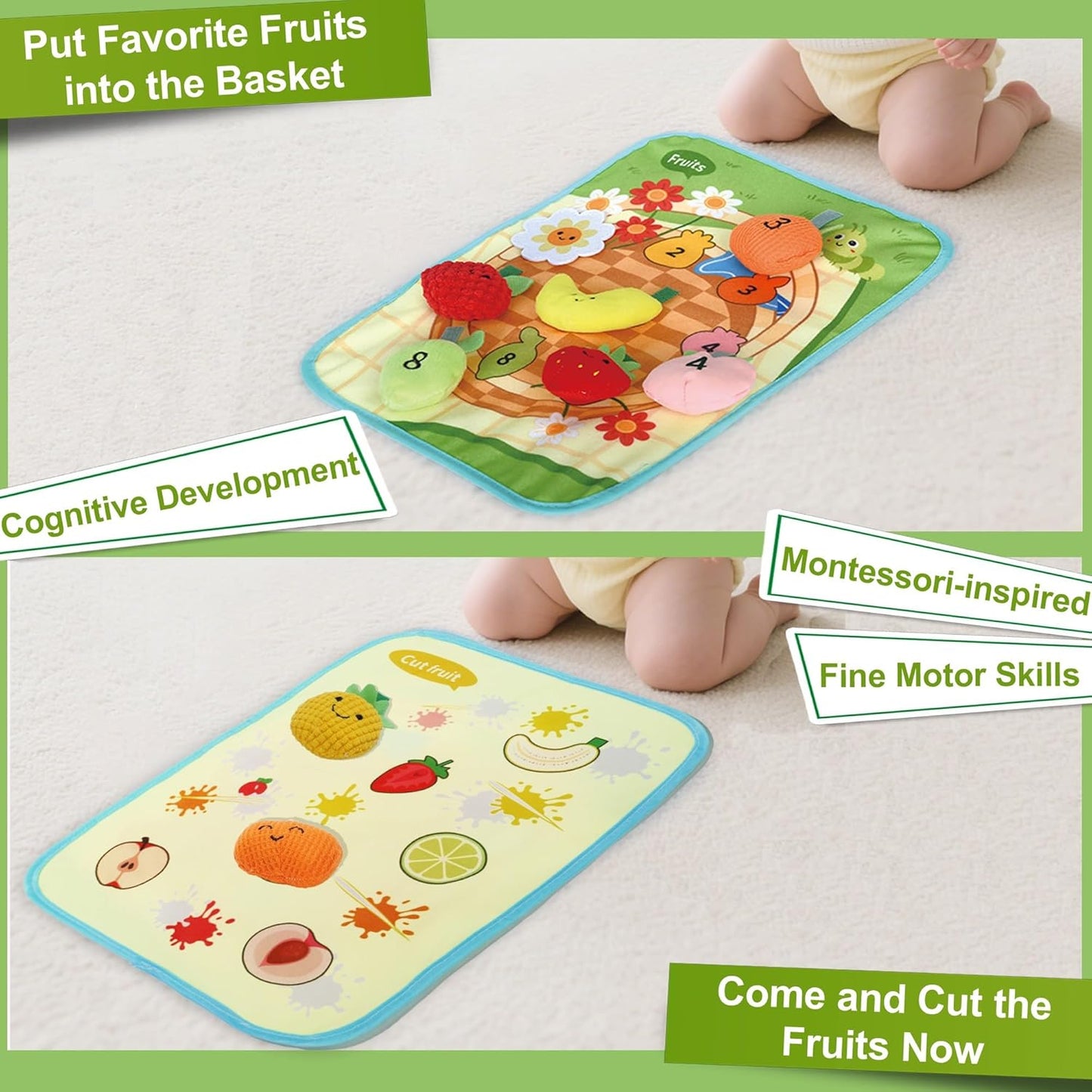 Toddlers Montessori Toys, Fruits Tree Baby Sensory Toys for 1 2 3 Year Old Boy Girl, Infant Toys with Rattle,Numeric Crinkle Tissues, Color Shape Sorting Numeracy Skills Birthday Gift for Age 0-2+