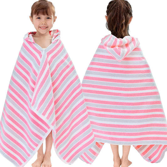 VOOVA & MOVAS Hooded Towels for Kids - 100% Cotton (3-10Years) - Quick Dry Absorbent Lightweight Wrap Towel for Pool | Swim | Beach | Bath, Girls, Pink Gray Stripe