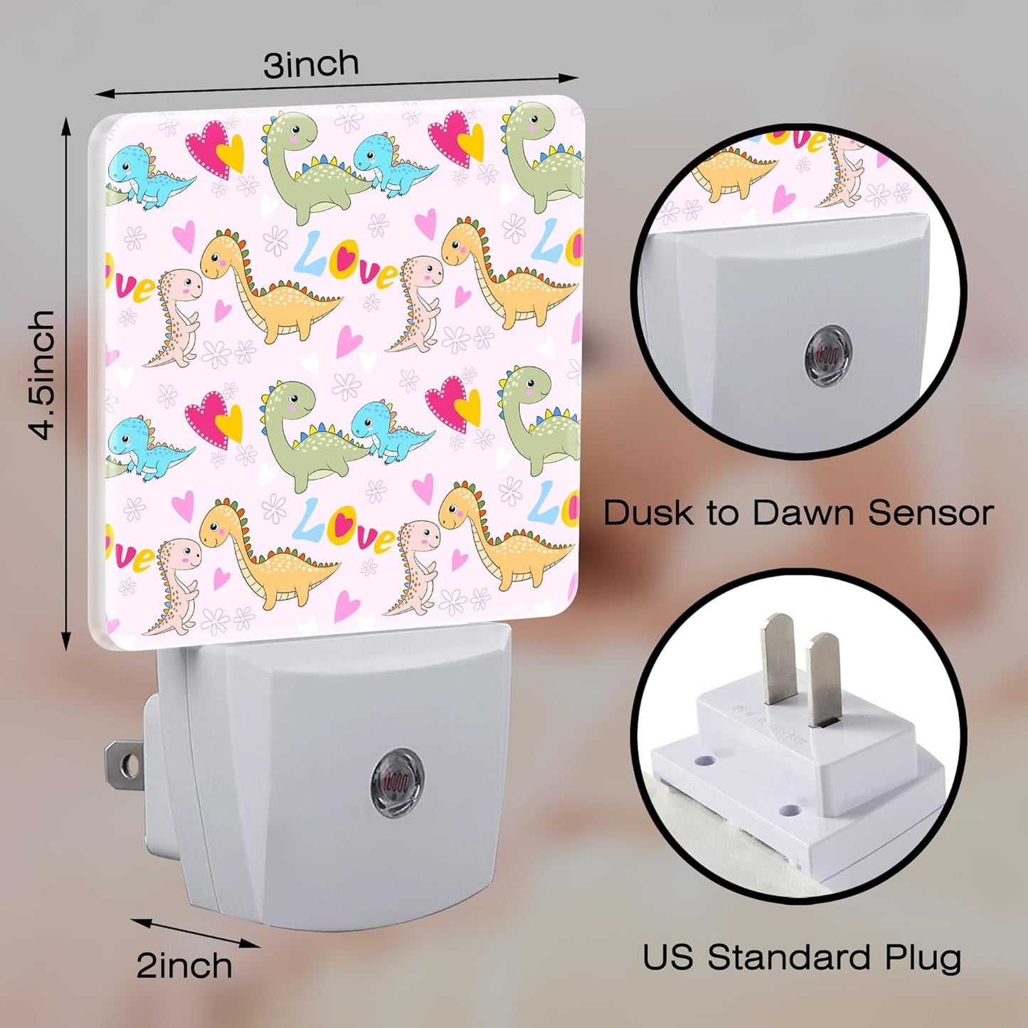 Cute Love Dinosaurs Night Light for Kids, Red Hearts and Dinos Night Light Plug in with Dusk to Dawn Sensor,0.5w Energy Saving Nightlight for Hallway Stairway Kitchen Bedroom