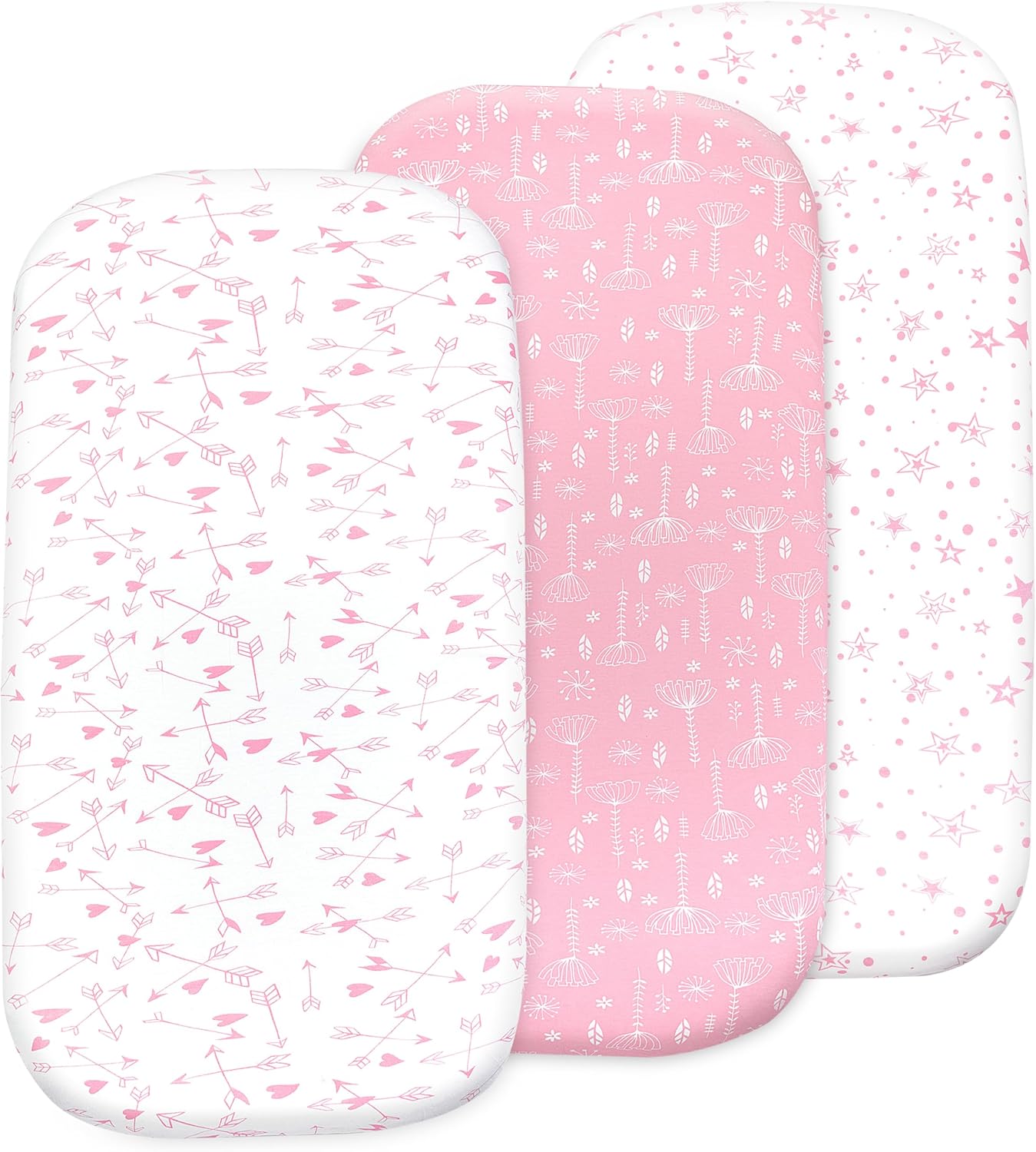 3 Pack Organic Bedside Bassinet Sheets Compatible with Mika Micky, Baby Delight, Dream On Me, AMKE and Other Bassinet Mattress Pads Size Between 17-21 in Width, 29-33 in Length, and 1.5-4 in Thick