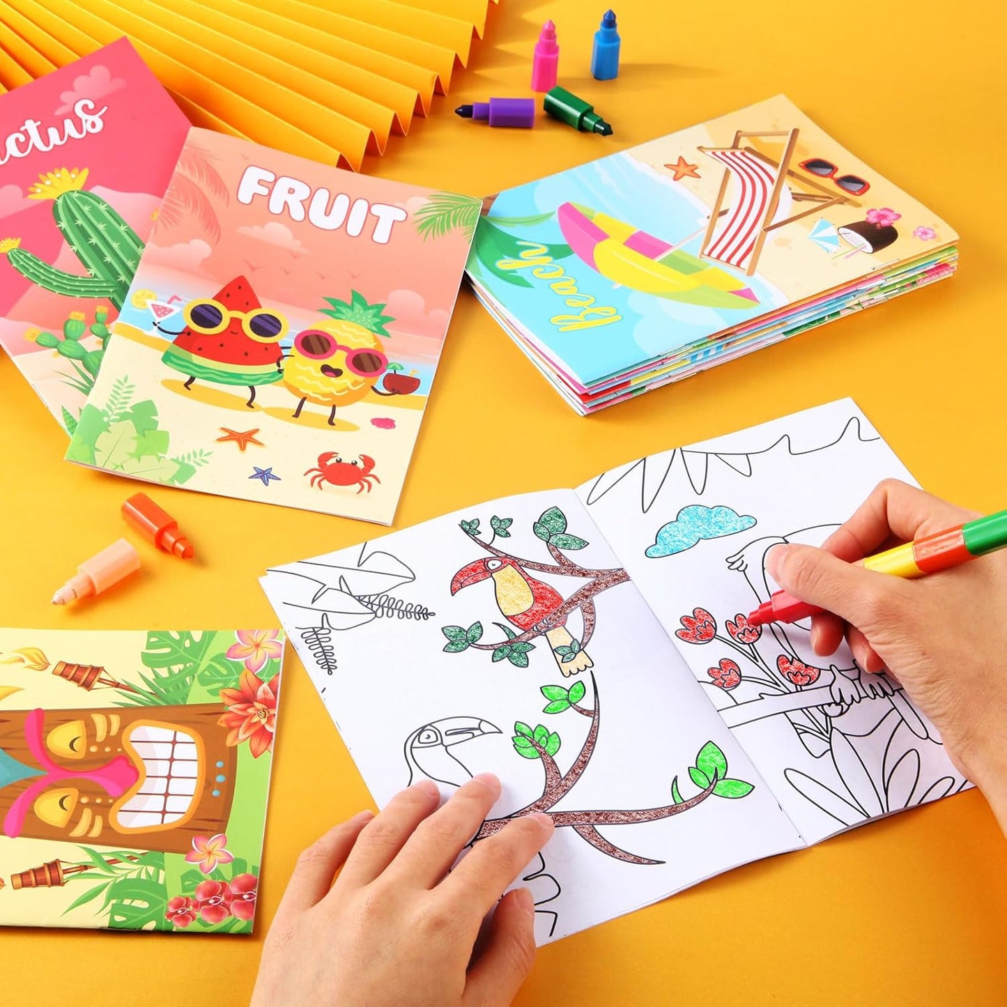 BenLouis 12 Summer Mini Coloring Books Kids with 12 Stacking Crayons Pool Beach Party Favors Small Activity Books Bulk for Kids Summer Birthday Party Gift Goodie Bag Stuffers