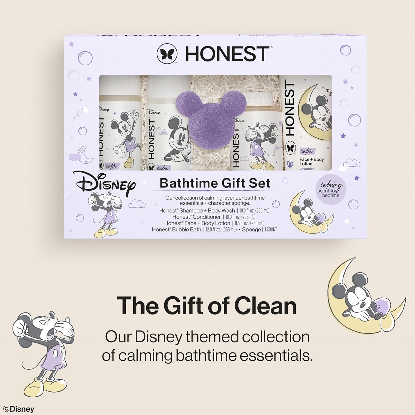 The Honest Company Calm Lavender Bathtime Gift Set and Disney Design Hypoallergenic Bath for Sensitive Baby Skin Shampoo and Body Wash Face and Body Lotion Bubble Bath Conditioner Sponge