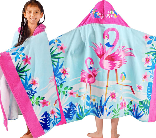 VOOVA & MOVAS Flamingo Hooded Towels for Girls Age 3-10, 30''X50, Soft | Thick |100% Cotton | Absorbent Wrap Towel, Perfect for Beach, Pool, Bath, Swim, Tropical Flamingo