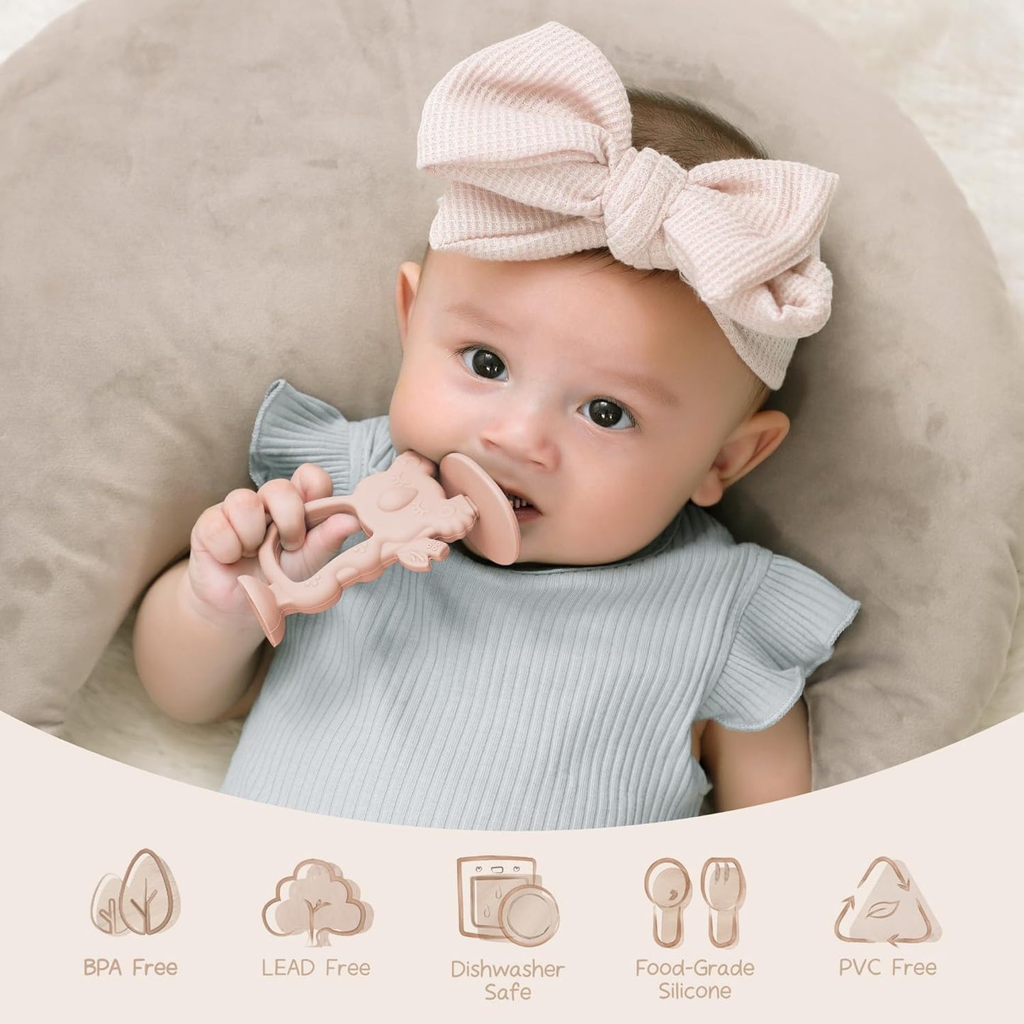 Moonkie Teething Toy Set of 2, Safe & Easy to Hold BPA Free Silicone Teethers, 360° Baby Toothbrush with Suction Base, Teether Toys Best for Babies 6-12 Months (Koala Blush/Shifting Sand)