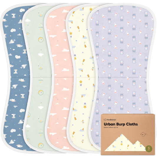 Organic Burp Cloths Baby Boy & Girl - 5-Pack Super Absorbent Cotton Burping Cloths for Babies, Soft & Plush Newborn Spit Up Rags, Infant Towels for Milk Spit Up, Unisex, Large 21" x 10" (Dreamers)