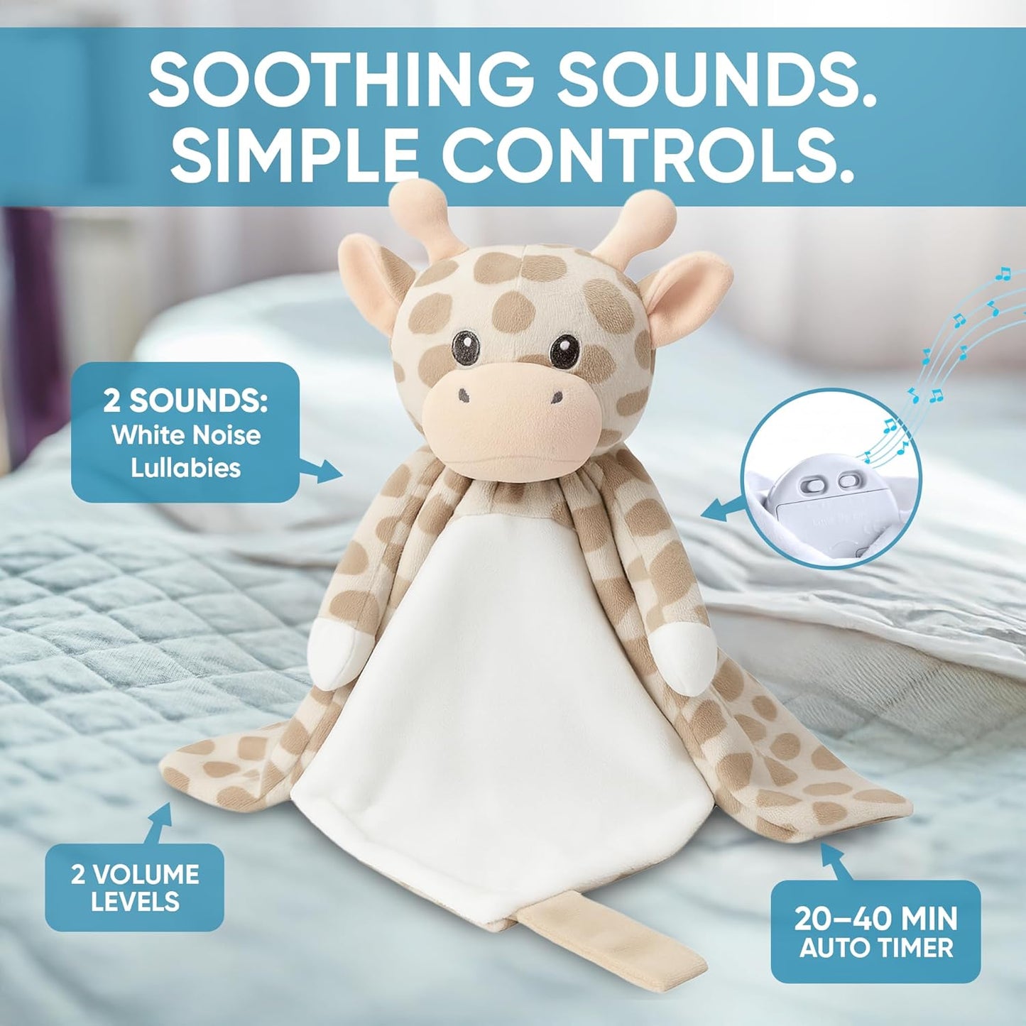 Baby Sleep Soother Beige & White Giraffe Plush with Heartbeat & Lullaby Sounds, 4-in-1 Sound Machine, Security Blanket & Pacifier Holder, Baby Registry Essential & Christmas Gift for Newborns, Infants