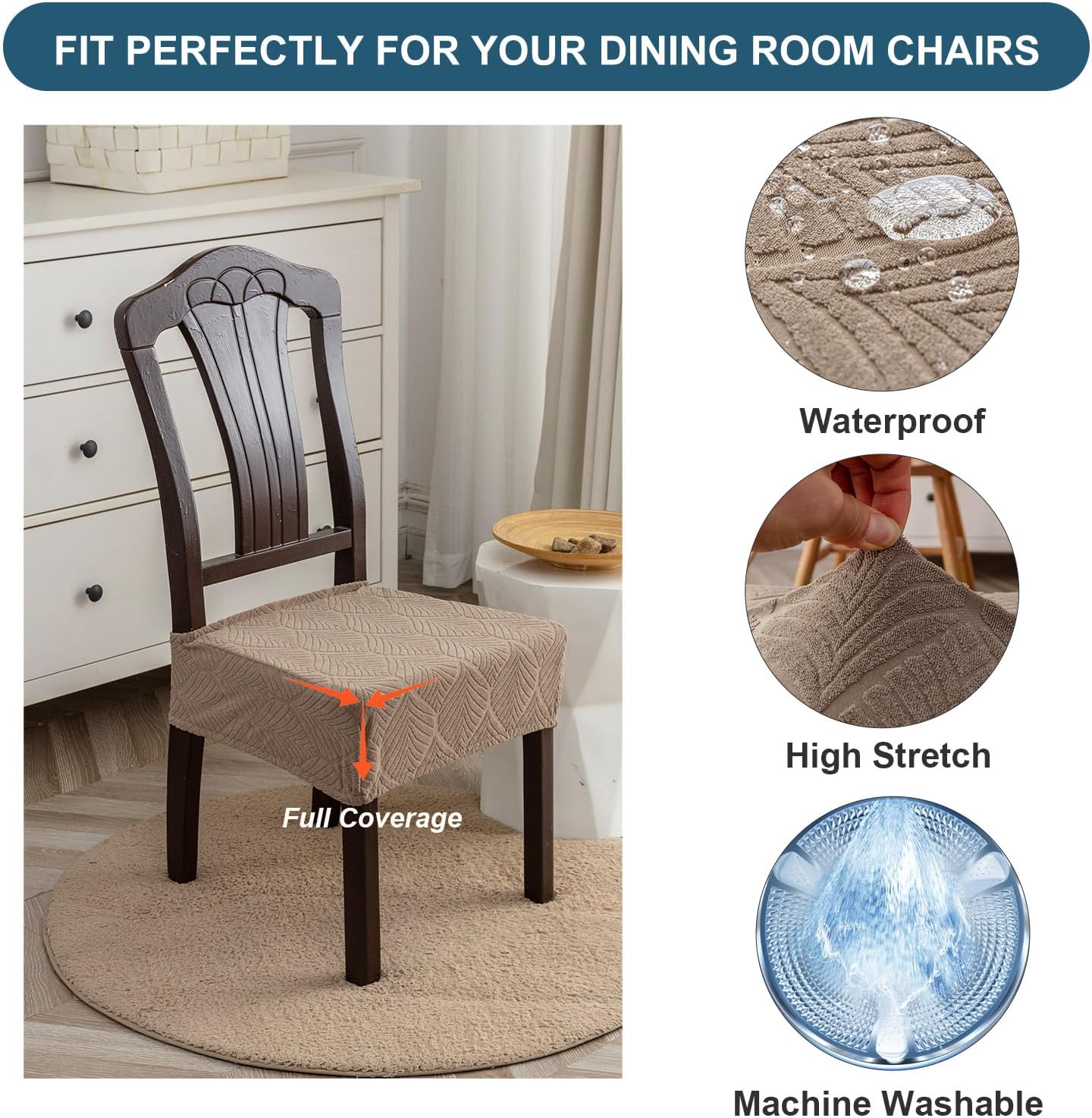 Removable and Washable Seat Covers for Dining Room Chairs Set of 4 - Waterproof Stretch Chair Seat Slipcovers, No Back Covers