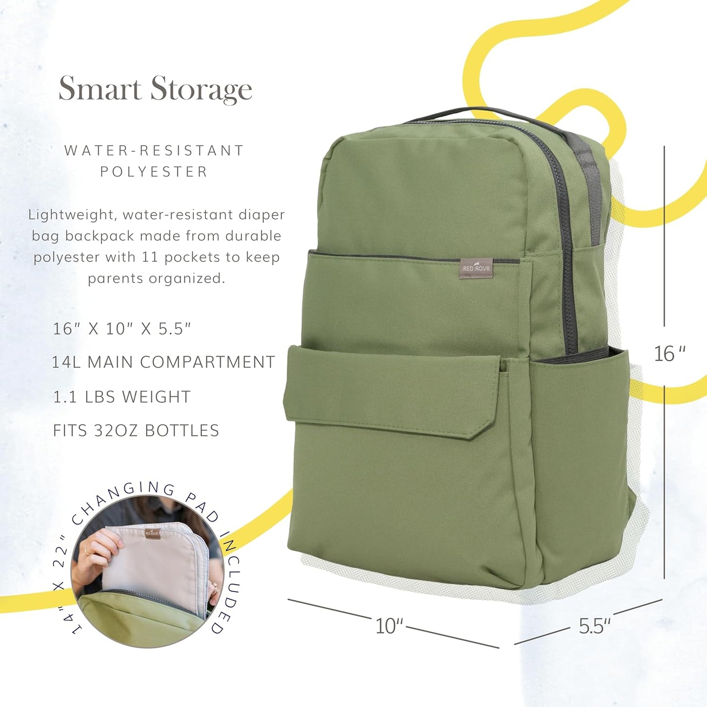 RED ROVR Roo Lightweight 1 LB Diaper Bag Backpack | 11 organizational pockets| Durable & Water-Resistant (Moss)