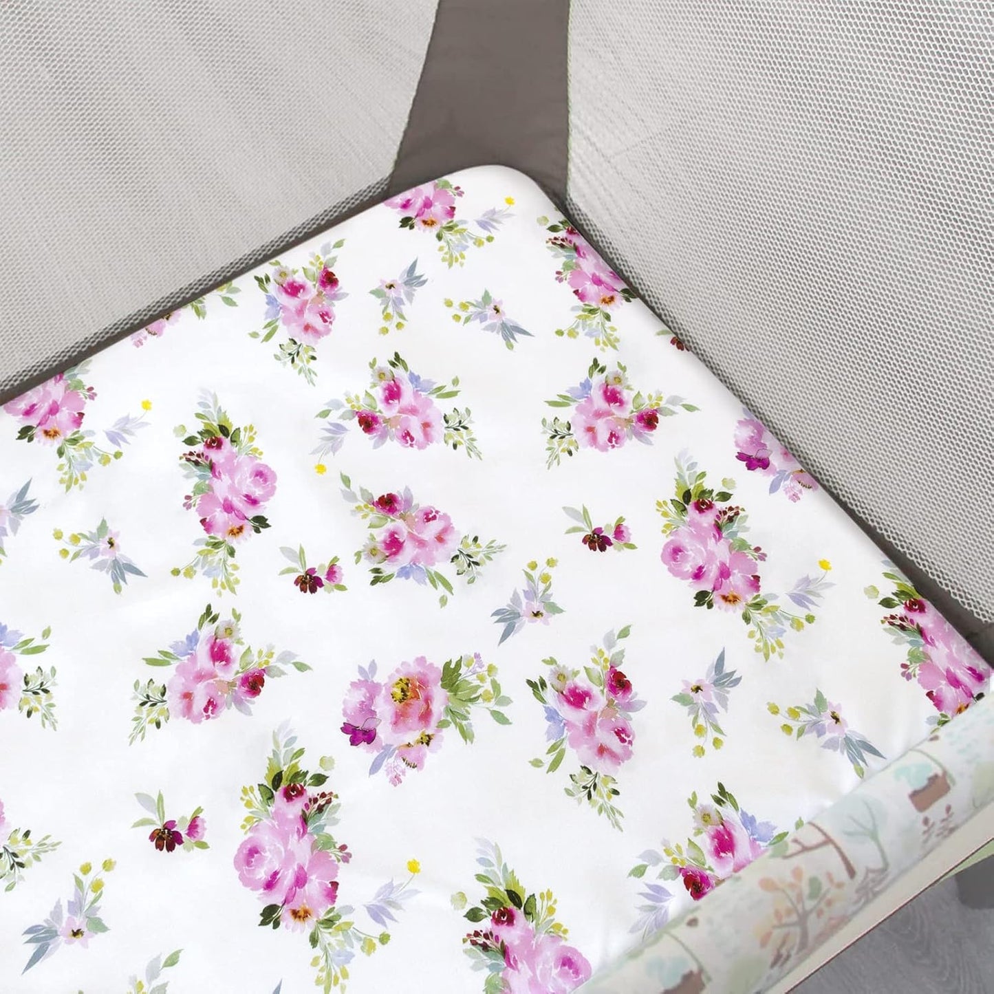 Pack and Play Sheets Girl, 2 Pack Mini Crib Sheets, Stretchy Playard Fitted Sheet, Compatible with Graco Pack n Play, Soft and Breathable Material, Floral