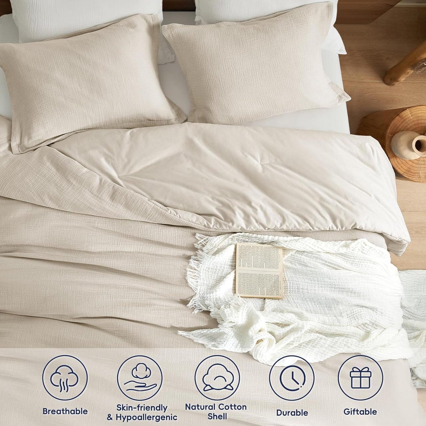 PHF Cotton Muslin Comforter Set King Size – Ultra Soft, Breathable & Lightweight Bedding Set for All Seasons, 3 Pieces - 1 Comfy Comforter 104"x90", 2 Pillow Shams 20"x36", Natural