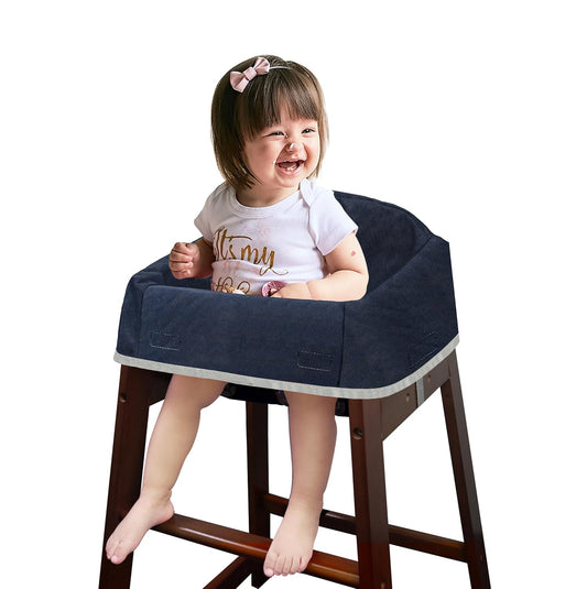 Dual-Belt Baby High Chair Cover, Upgrade Version, for Wooden or Restaurant High Chair, Sturdy and Robust Material, Waterproof Washable Stain and Slip Resistant, Navy Blue