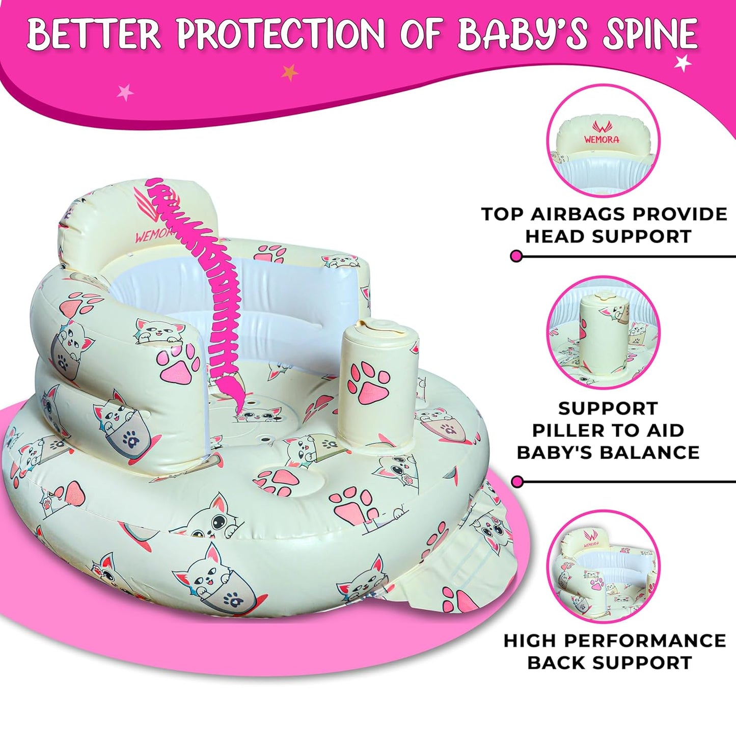 Inflatable Baby Seat for Babies 3-36 Months Blow Up Chair for Babies Infants Toddler Floor Sitting Up with Built in Air Pump (White, Cat)