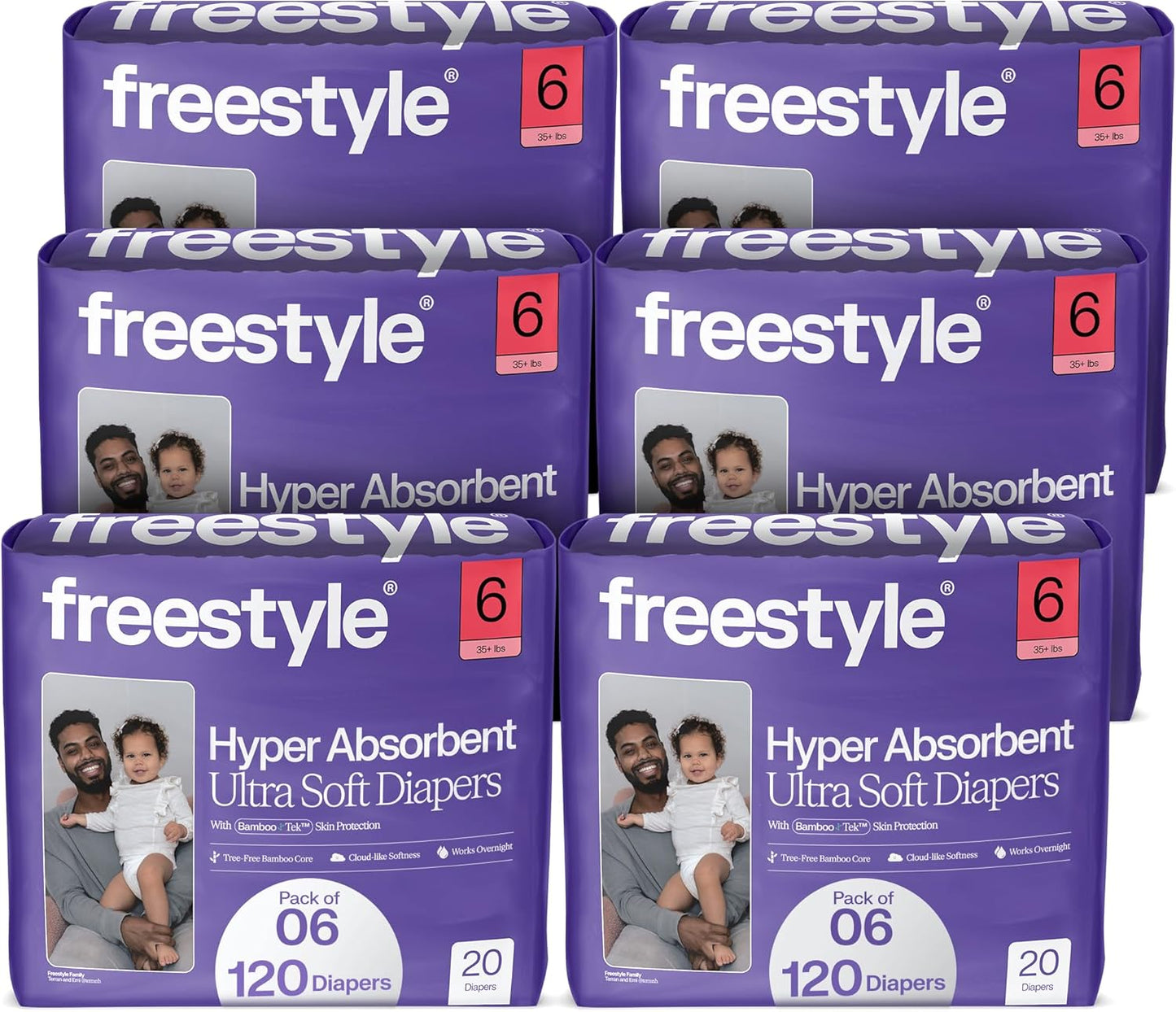 Freestyle BambooTek Diapers – (Size 6) Hyper Absorbent & Non-Toxic – Disposable Diapers for Sensitive Skin – Ultra Soft Diapers (35+ lbs) – 120 Count