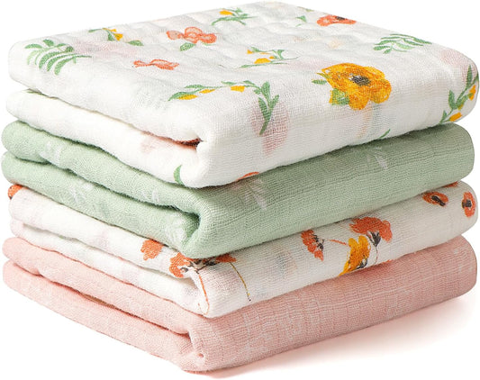 Viviland Baby Muslin Burp Cloths, 100% Cotton Super Absorbent Washcloths for Baby Girl and Boy, 10 x 20 inches 6-Layer Baby Bath Towels, Floral Pattern 4 Pack