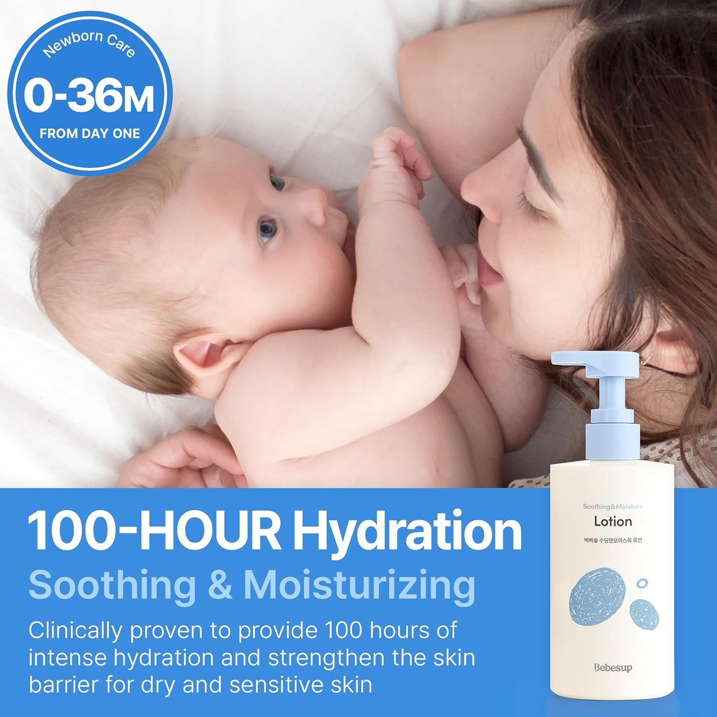 BEBESUP- Daily Hydration Baby Lotion | Korean Skincare for Sensitive & Atopic Skin 100-Hour Hydration Organic Rice & Ceramide Formula Hypoallergenic Fast Absorbing 10.14 fl. oz