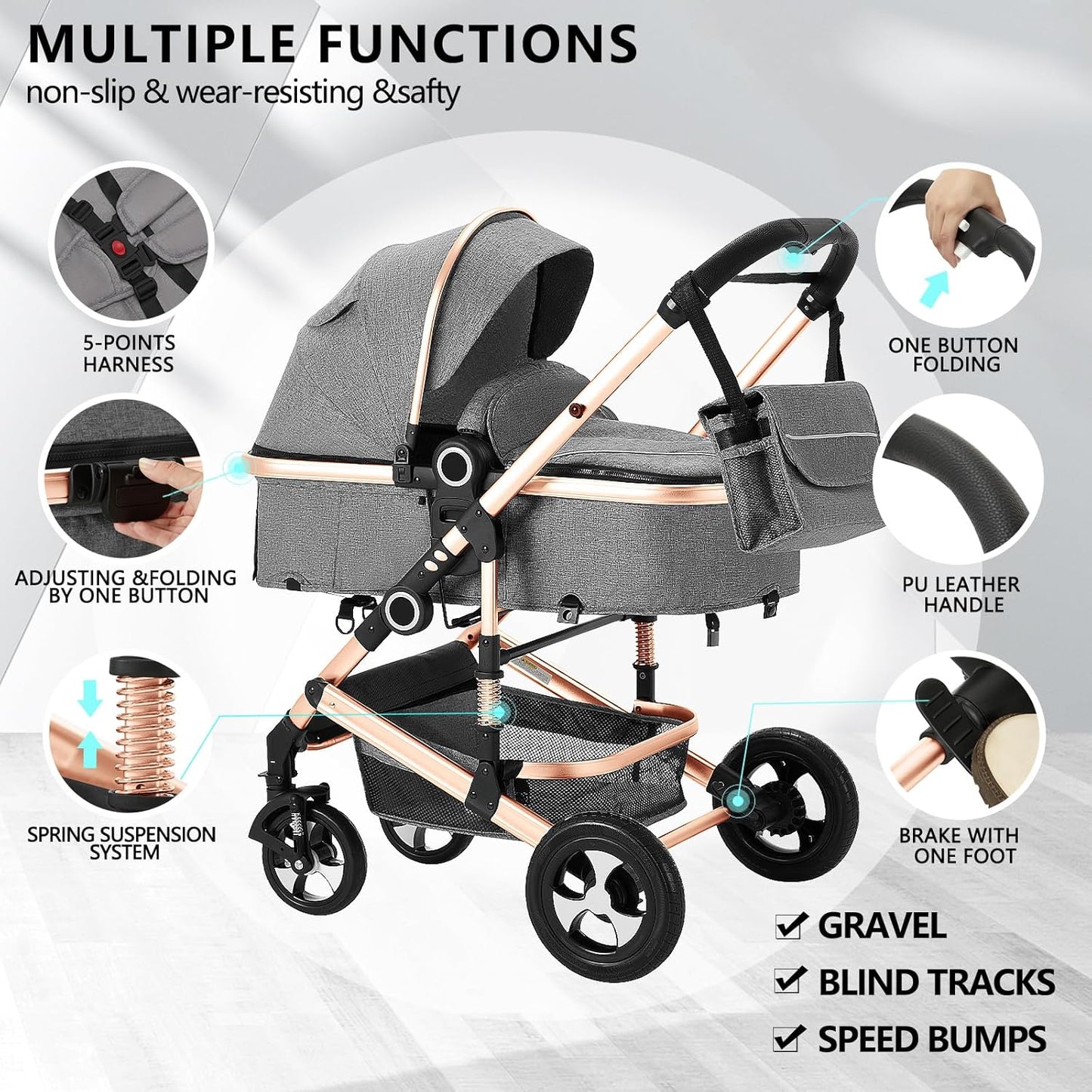Kinder King 2 in 1 Convertible Baby Stroller, Folding High Landscape Infant Carriage, Newborn Reversible Pram, Adjustable Canopy, Diaper Bag, Anti-Shock Toddler Pushchair Stroller, Gold