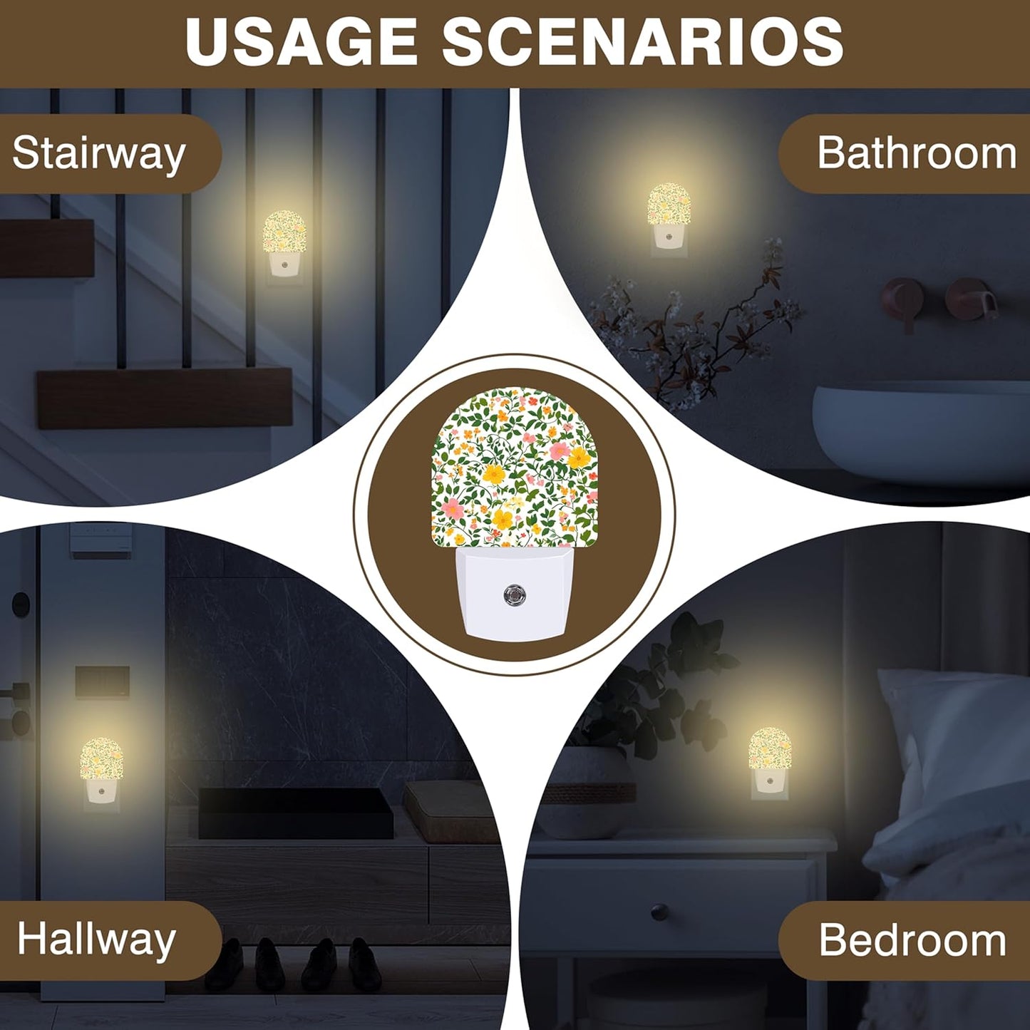 Night Light, Spring Flowers Night Lights Plug into Wall Dusk to Dawn Sensor Round Nightlight for Women Men Energy Efficient Led Lamp 0.5W for Stairway Hallway Bedroom