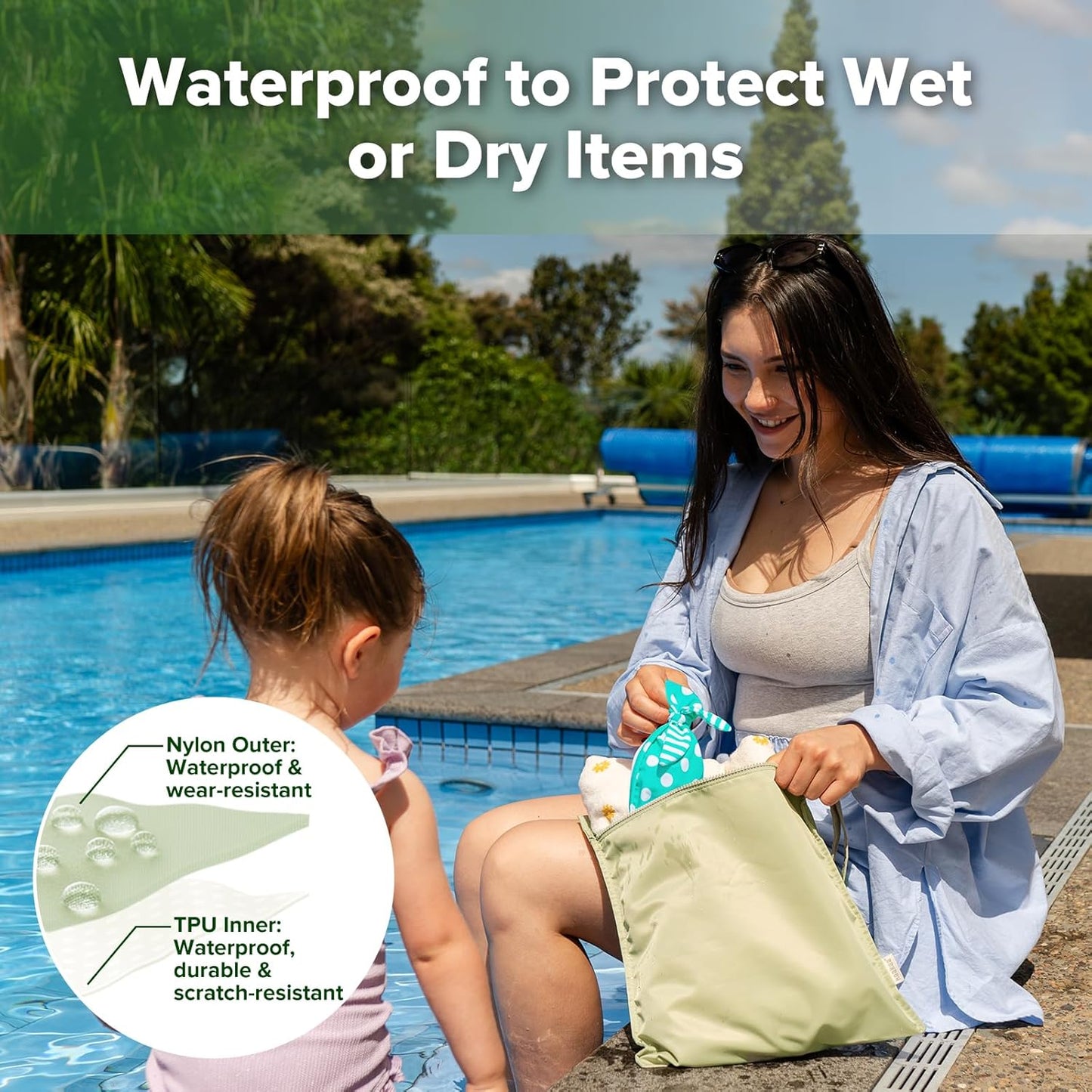 haakaa Waterproof Wet Bags for Baby Wet Dry Bags for Cloth Diaper, Swimsuit & Travel, 2pcs, Grass