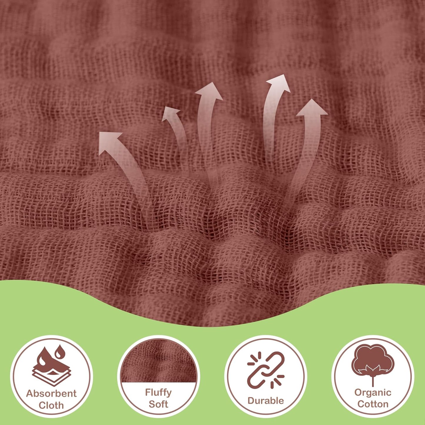 Organic Cotton Muslin Baby Hooded Towels - 32x32 Inch, 2 Pack Newborn Bath Towels for Boys & Girls, Soft & Absorbent Bath Set (Rust/Ivory)