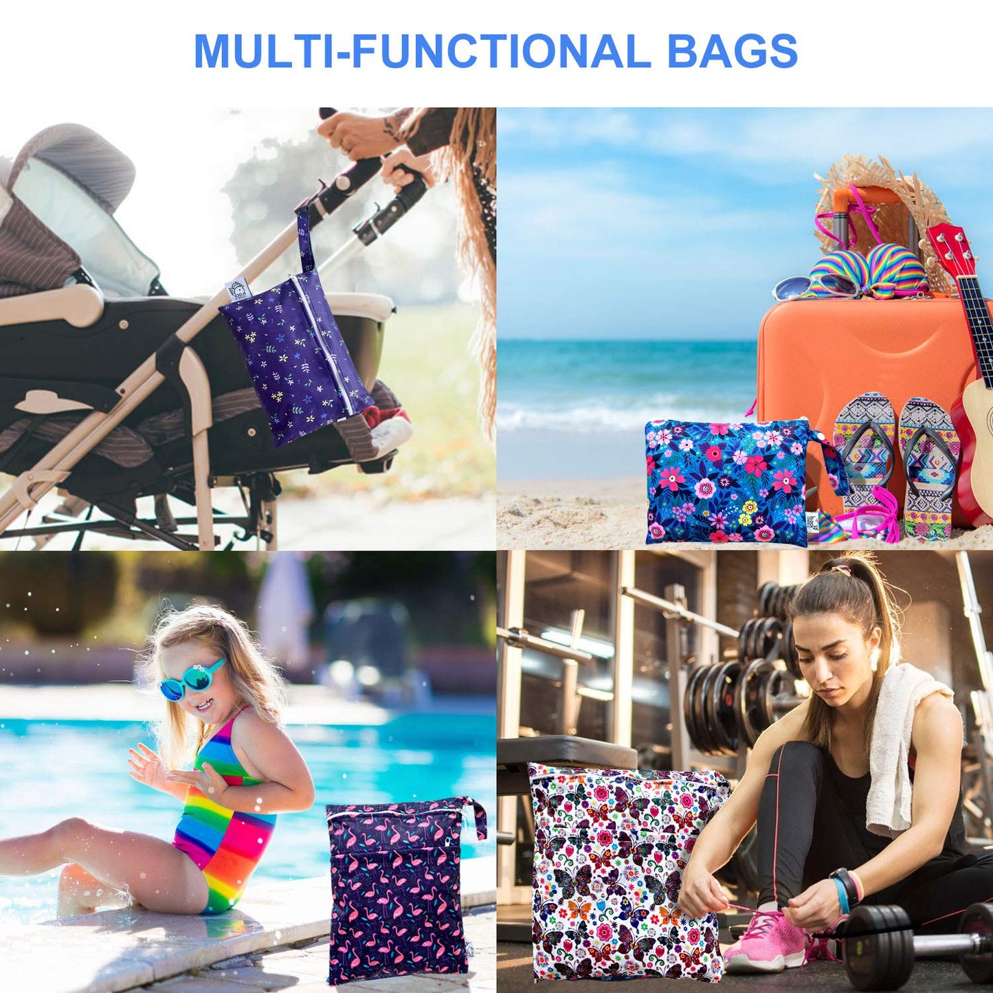 FLOCK THREE 4pcs Waterproof Wet Bag Reusable for Wet Clothes Baby Diapers Stroller Swimsuit Travel Reusable toiletries Pouch Small and Larger Electronics case 4 Pack (Flower Fantasy)