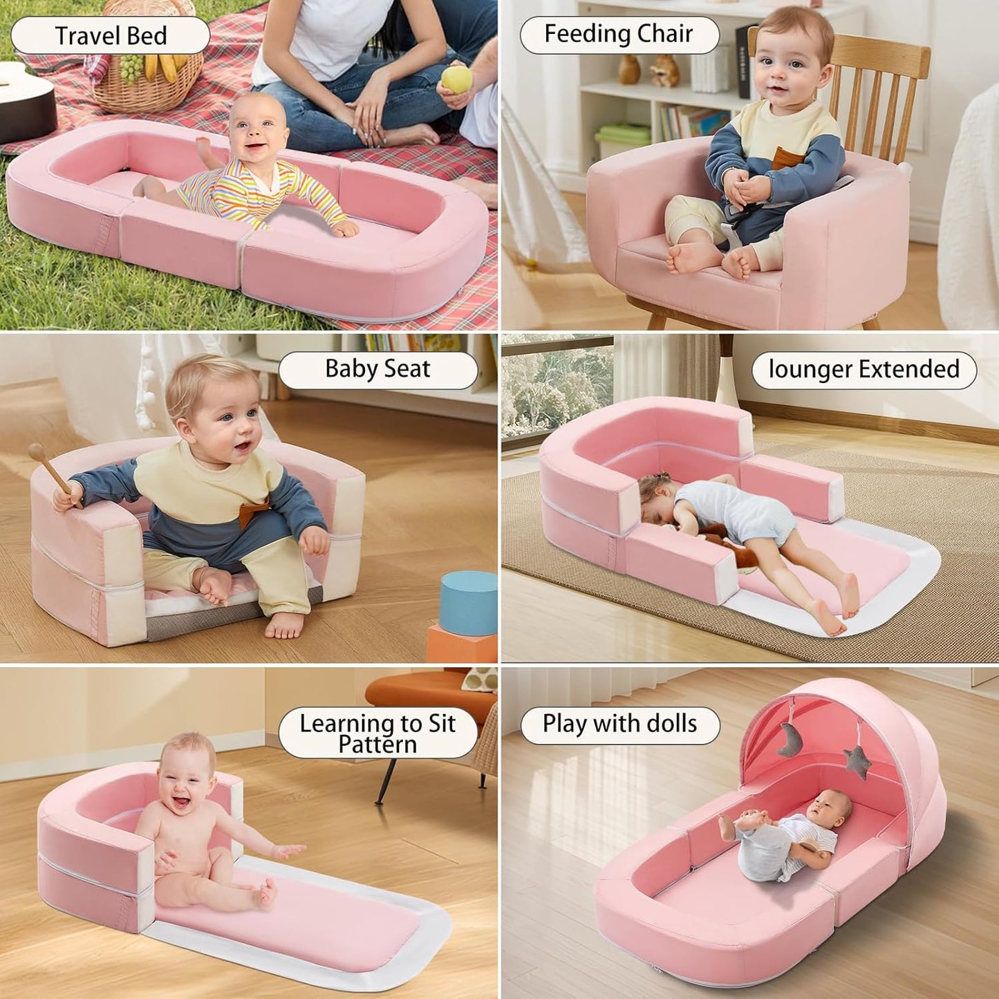 Todldler Baby Travel Bassinet Bed & Chair, Fold Out Sofa Couch Lounger with 2-1 Mosquito & Canopy, Foldable Portable Travel Cot with Foam Raised Safety Bumpers for Infant Toddlers 0-36 Months (Pink)