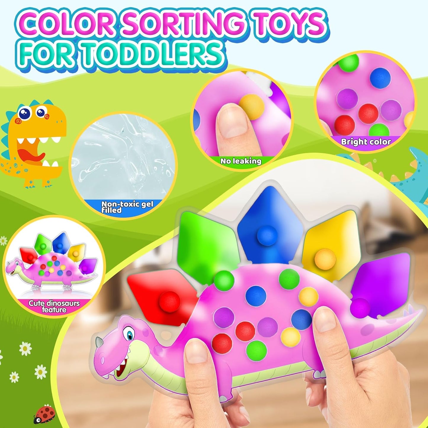 Dinosaur Color Sorting Sensory Toys, Toddler Girls Pink Christmas Bag Stocking Stuffers Montessori Toys Fine Motor Skill Game Learning Activities Calm Down Fidget for Classroom Aged 2 3 4 Year Old Kid