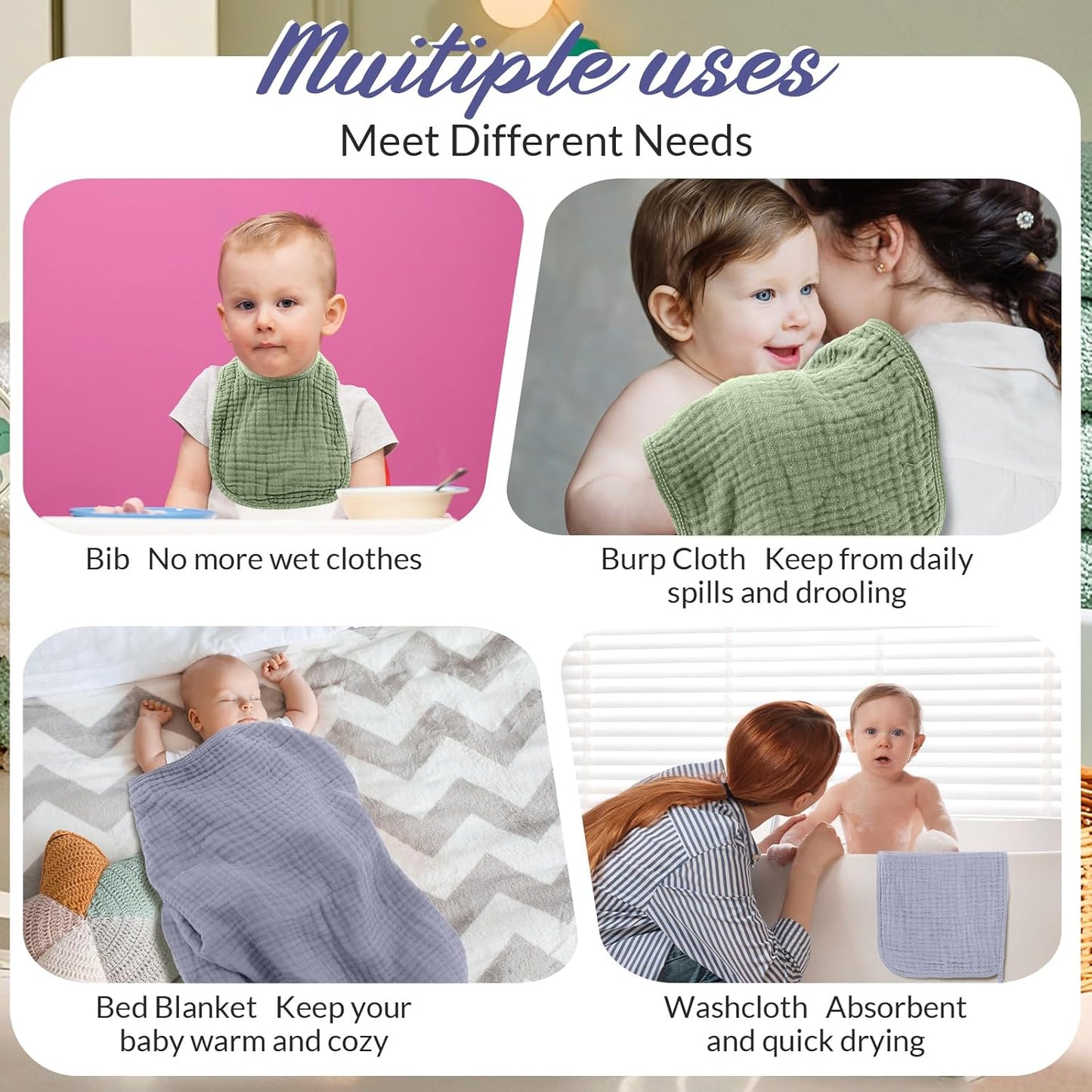 6 Pcs Muslin Hooded Bath Towels Washcloths and Bibs Set, Muslin Cotton Baby Towels Absorbent Hooded Blanket Towel Infant Bibs for Boys Girls Newborn Infant Essentials(Light Blue, Light Green)