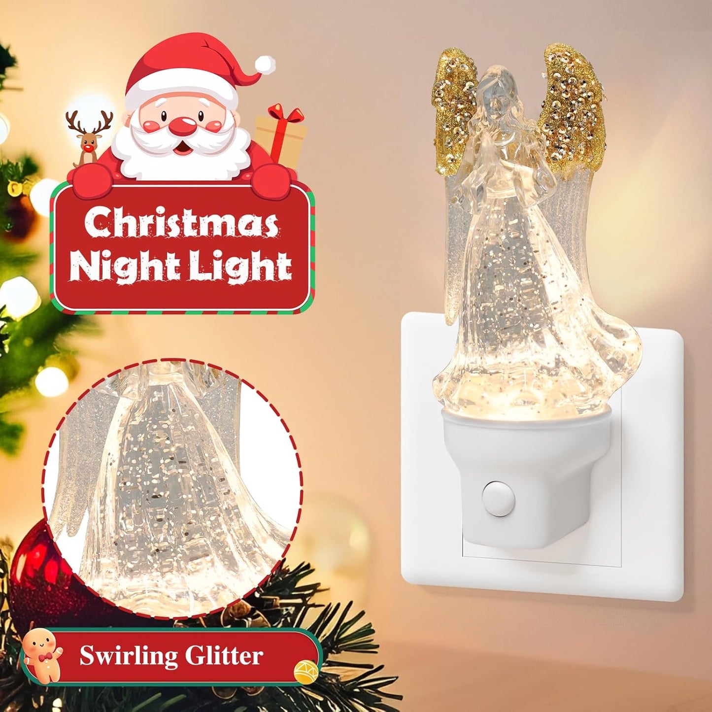 2 Pack Christmas Angel Night Light Plug into Wall Glitter Water Nightlight with USB/Outlet Options, Christmas Decorative Nightlight for Bedroom Kitchen Nursery Holiday Decorations Gifts (Angel)
