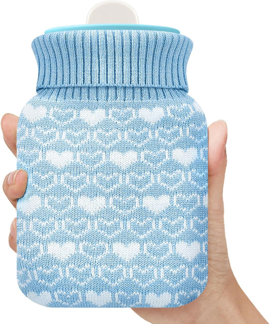 Amylove Mini Hot Water Bottle 320ml for Hot & Cold Compress with Cover Silicone Microwave Heating Small Water Bag for Travel Pain Relief Holiday Gifts(Blue)