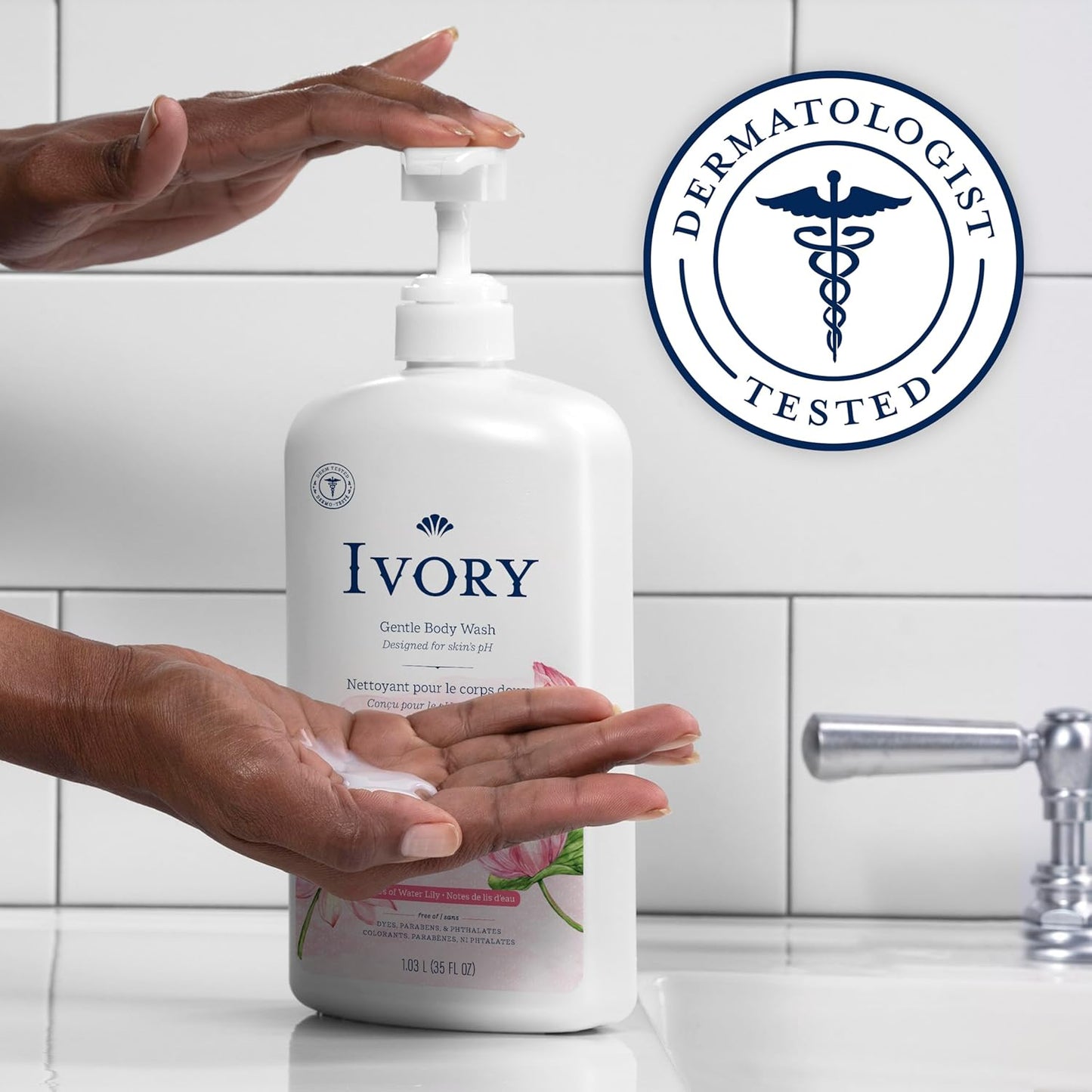 Ivory Body Wash, Designed for the Whole Family, Gentle Formula, Free of Dyes Heavy Perfumes Parabens Phthalates & Silicones, Water Lily Scent, 35 oz