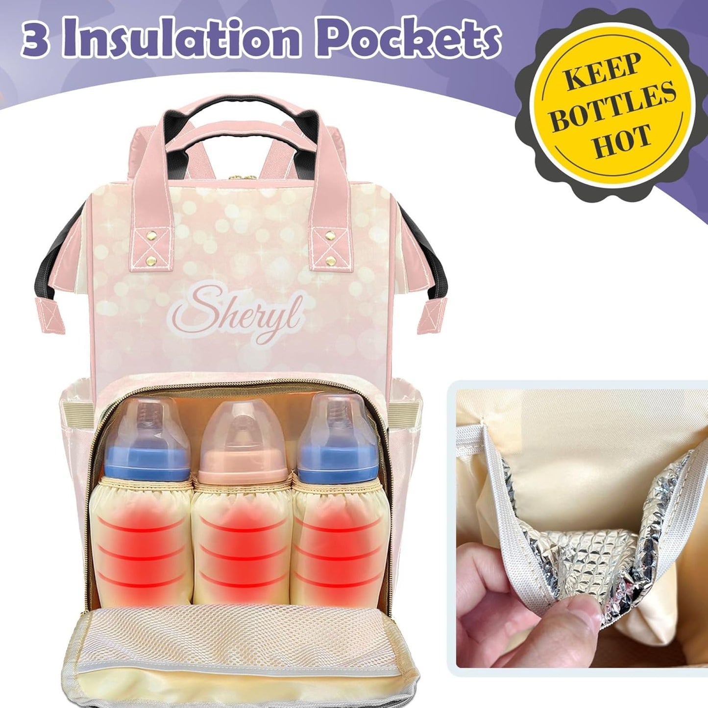 Personalized Diaper Bag for Girls Baby, Large Capacity Custom Pink Bear Diaper Bag with Name, Waterproof Girls Baby Bag Backpack with Adjustable Shoulder Straps Nappy Bag